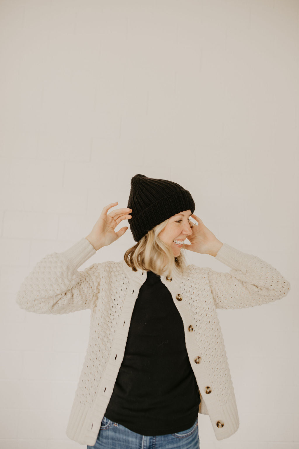 Black Merino Wool Hand Knit Ribbed Beanie