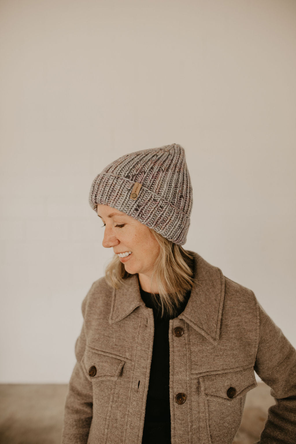 Purple Speckle Merino Wool Hand Knit Ribbed Beanie