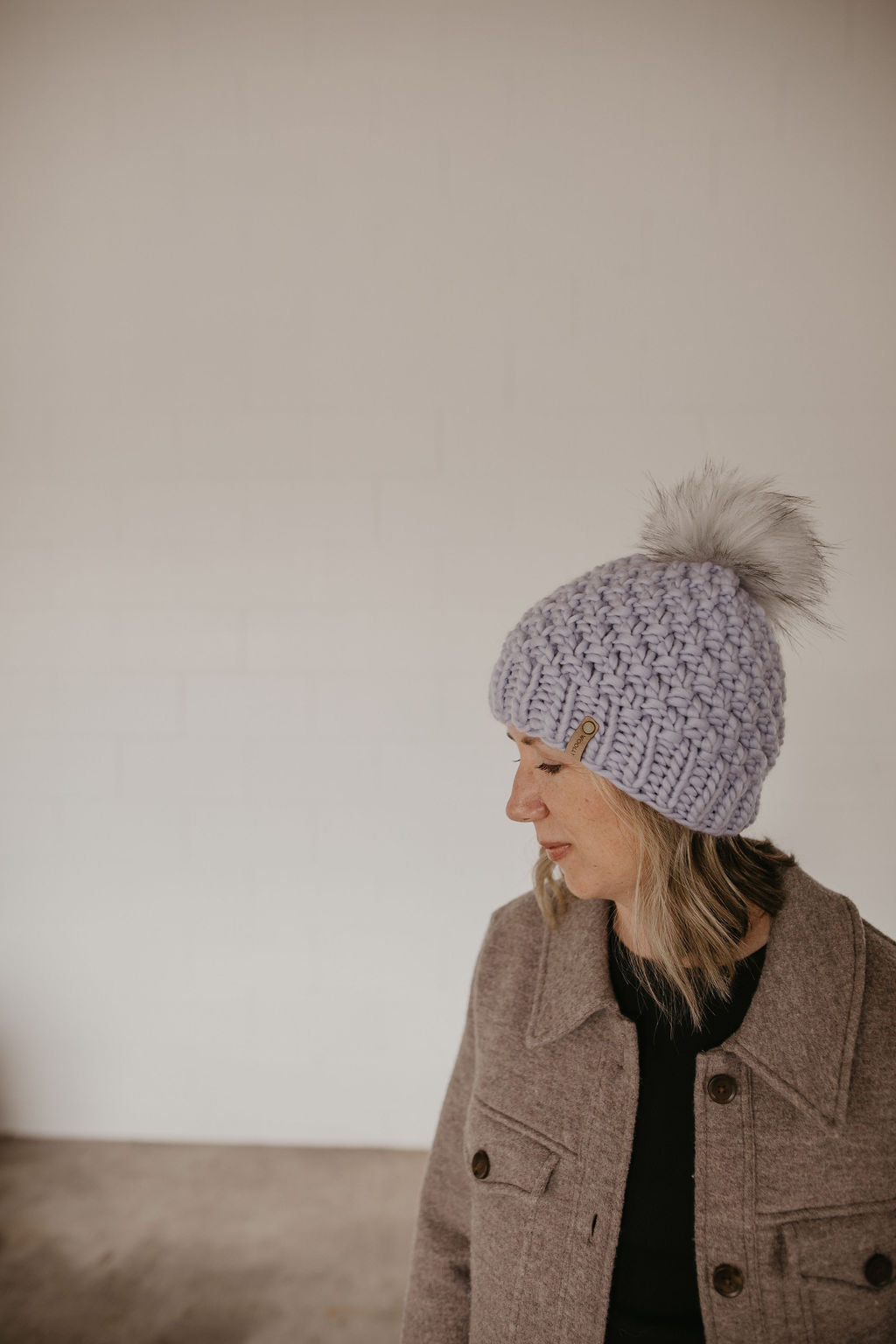 Lavender Peruvian Wool Knit Hat with Faux Fur Pom Pom