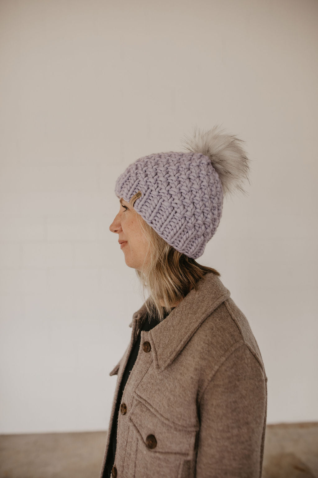 Lavender Peruvian Wool Knit Hat with Faux Fur Pom Pom