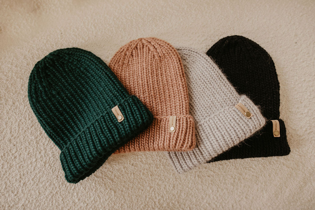 Black Merino Wool Hand Knit Ribbed Beanie