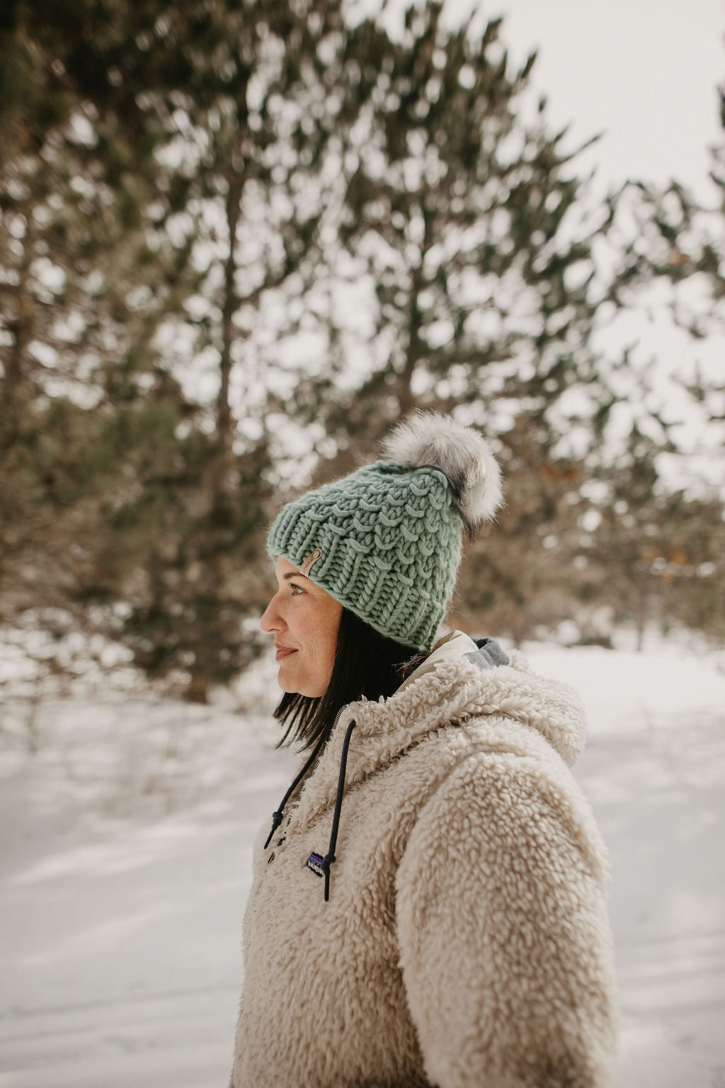 Sage Green Merino Wool Knit Hat with Faux Fur Pom Pom