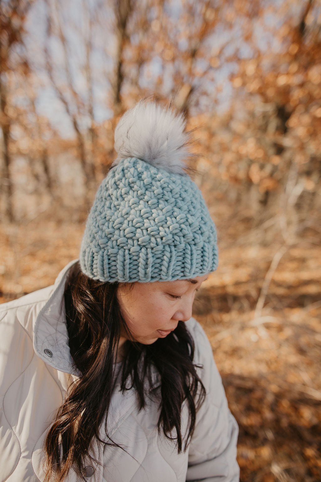 Aqua Blue Peruvian Wool Knit Hat with Faux Fur Pom Pom