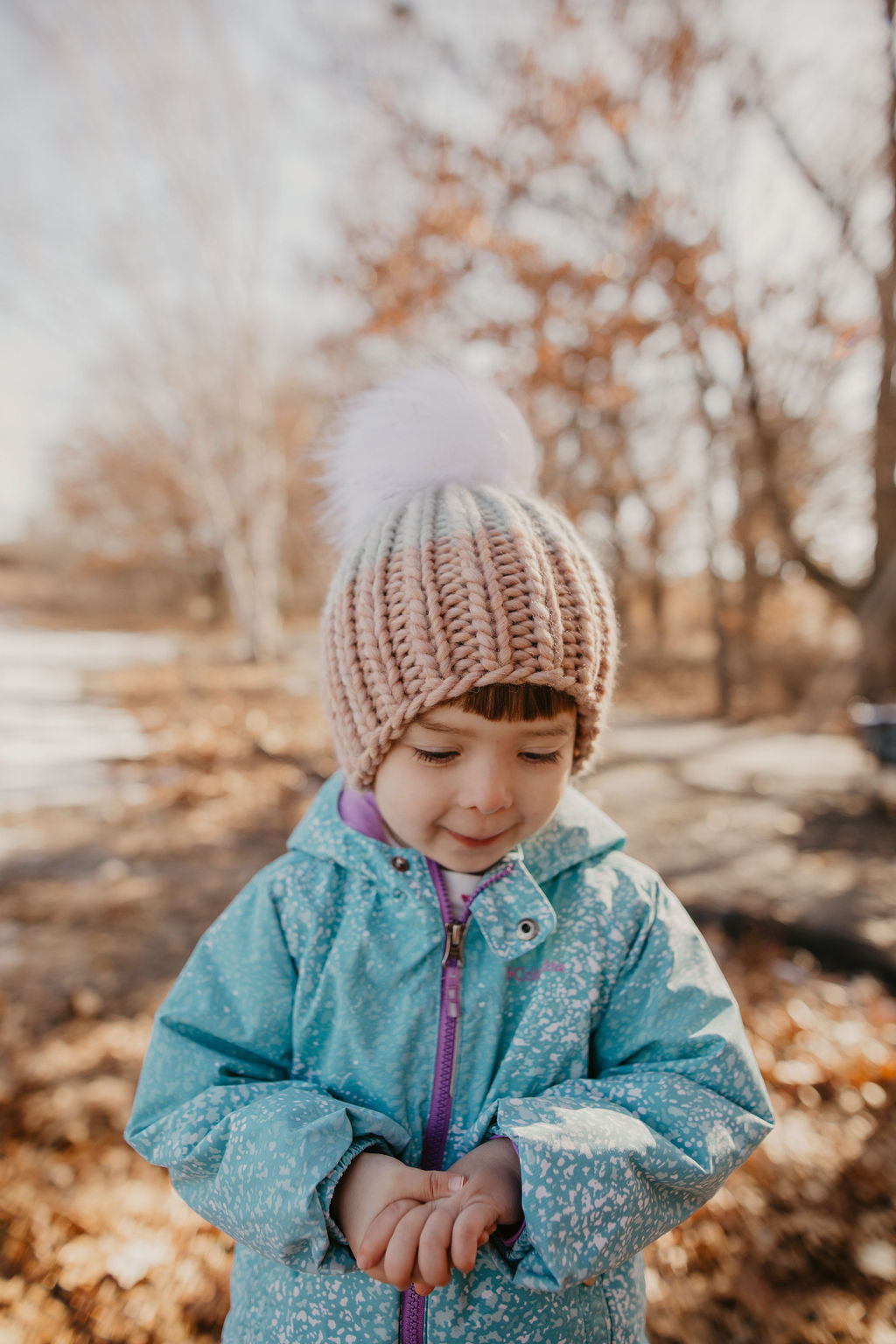 Child and Toddler Size Ribbed Knit Colorblock Peruvian Wool Hat with Faux Fur Pom Pom (More Colors Available)