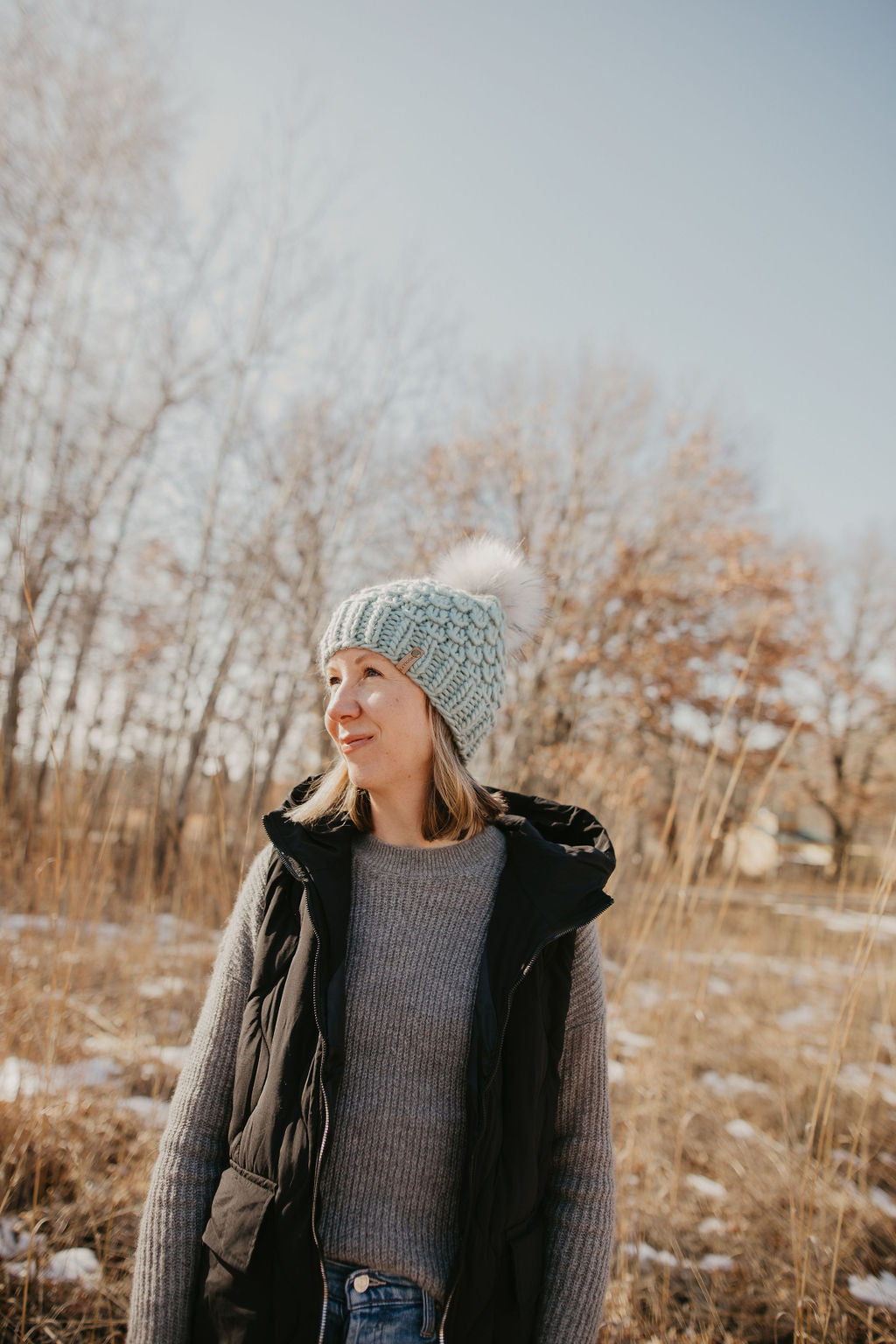 Aqua Blue Peruvian Wool Knit Hat with Faux Fur Pom Pom