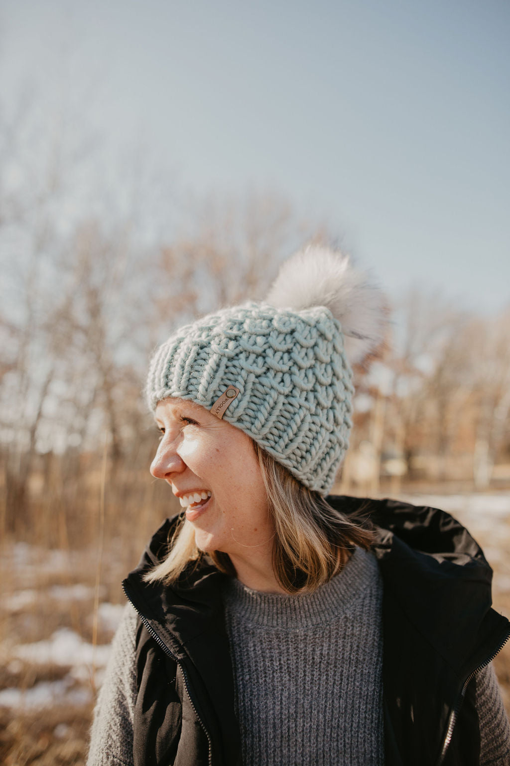 Aqua Blue Peruvian Wool Knit Hat with Faux Fur Pom Pom