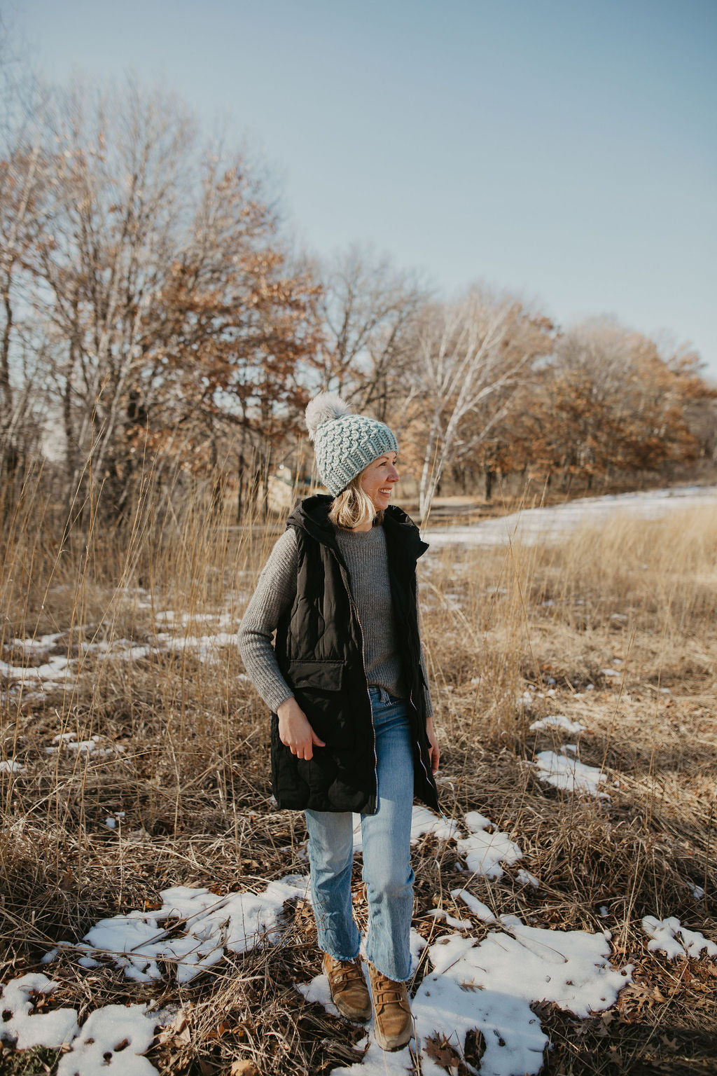 Aqua Blue Peruvian Wool Knit Hat with Faux Fur Pom Pom