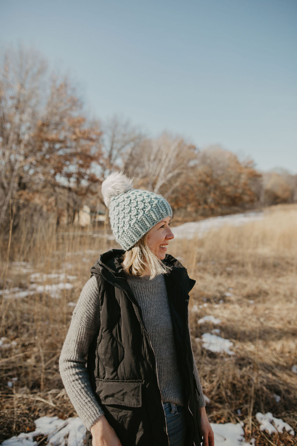 Aqua Blue Peruvian Wool Knit Hat with Faux Fur Pom Pom