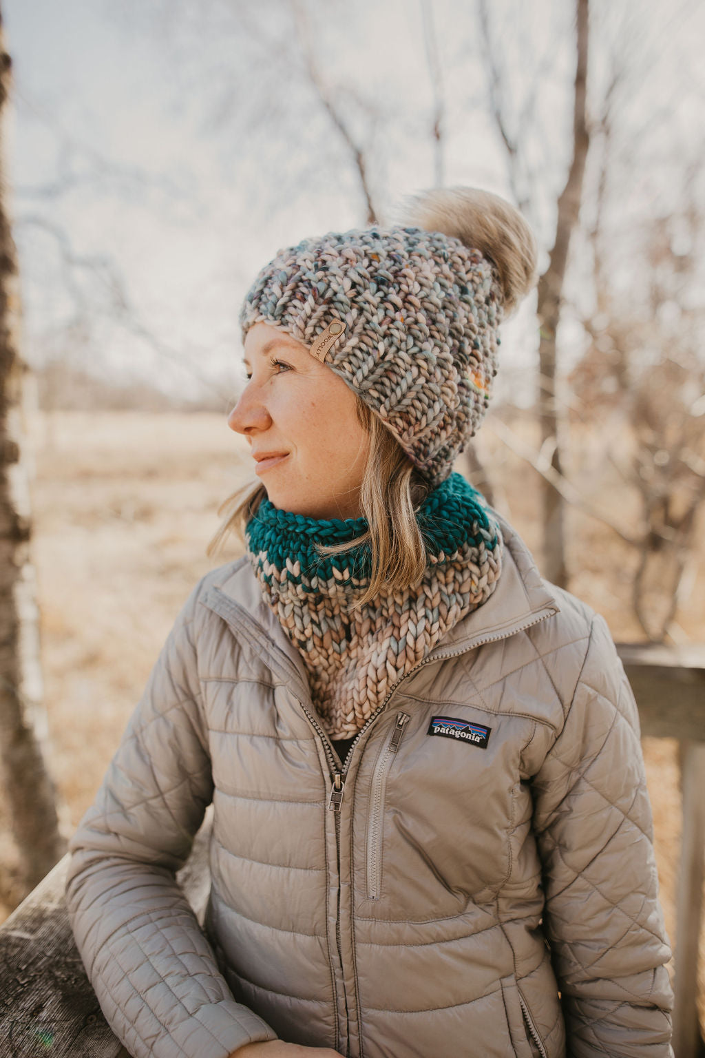 Blue Speckle Merino Wool Knit Hat with Faux Fur Pom Pom - Hand-Dyed Yarn