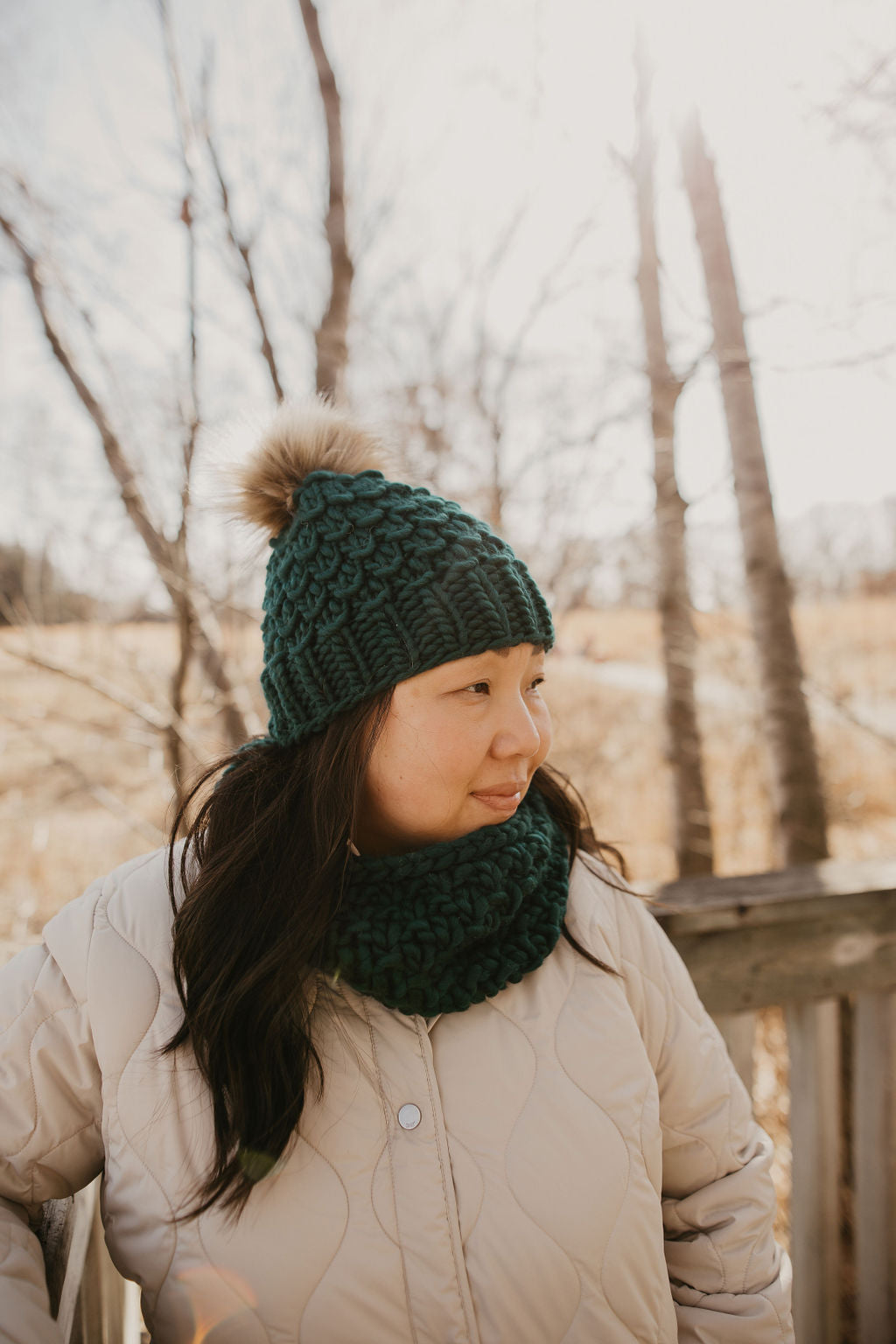Forest Green Peruvian Wool Knit Hat with Faux Fur Pom Pom