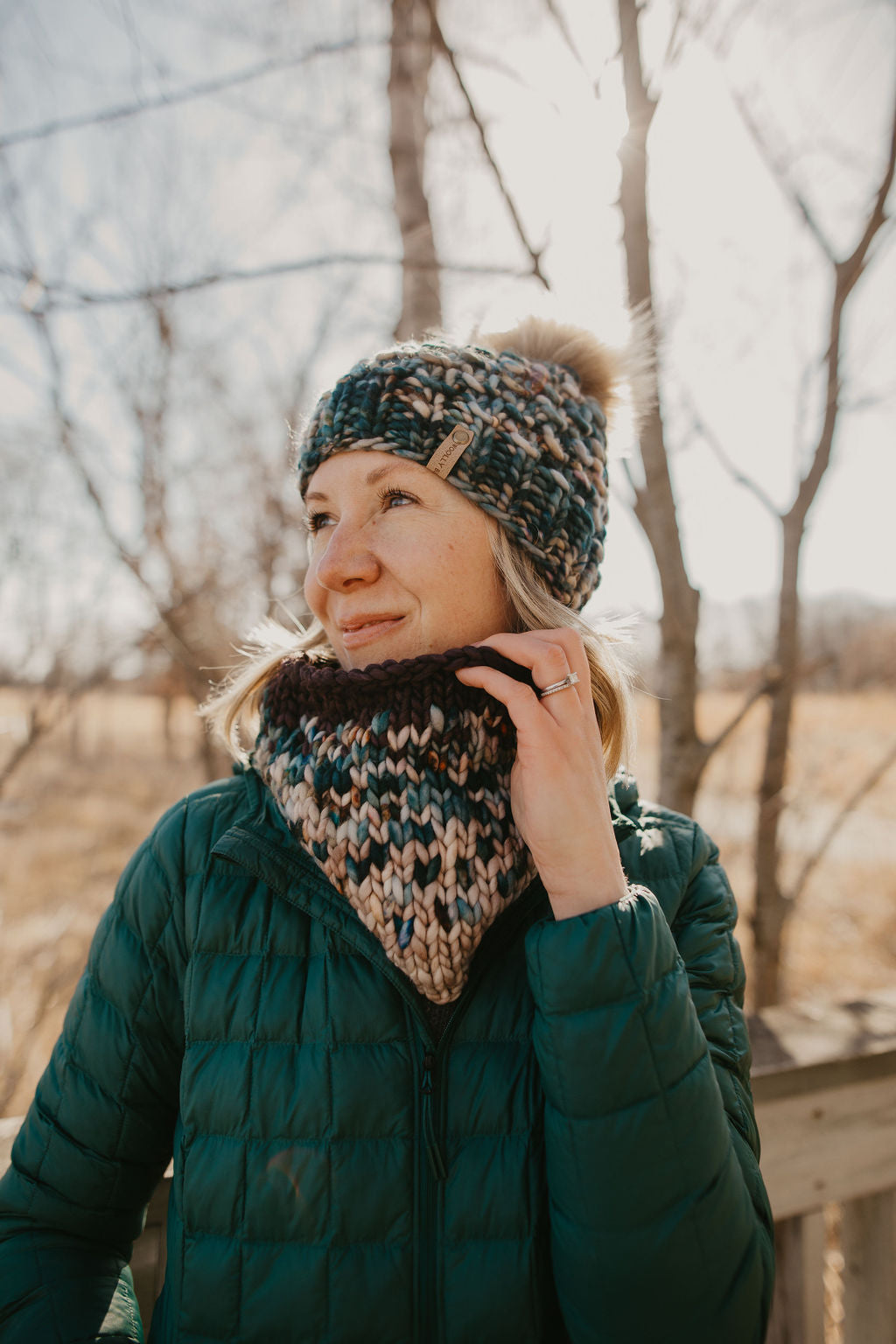 Green Speckle and Gray Merino Wool Fair Isle Hand Knit Cowl