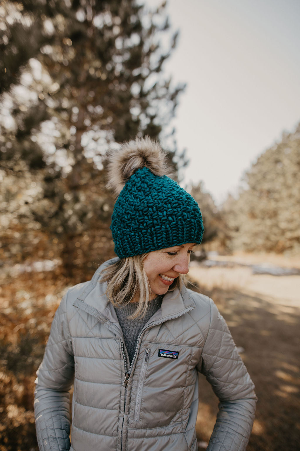 Teal Merino Wool Knit Hat with Faux Fur Pom Pom