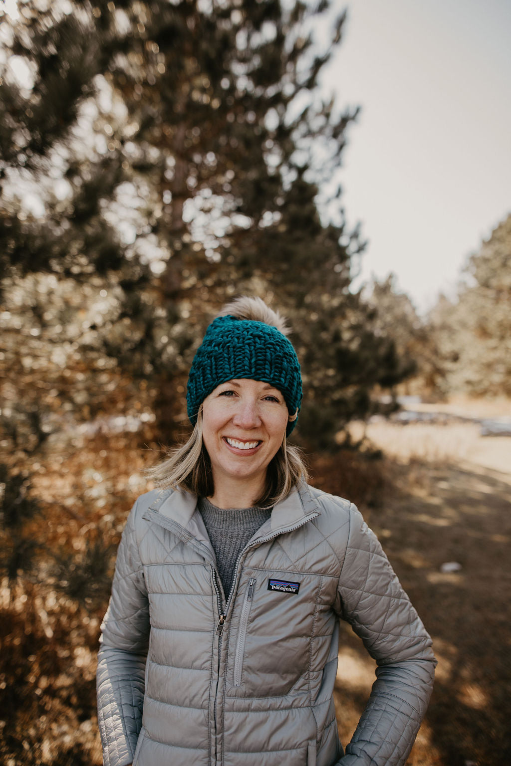 Teal Merino Wool Knit Hat with Faux Fur Pom Pom