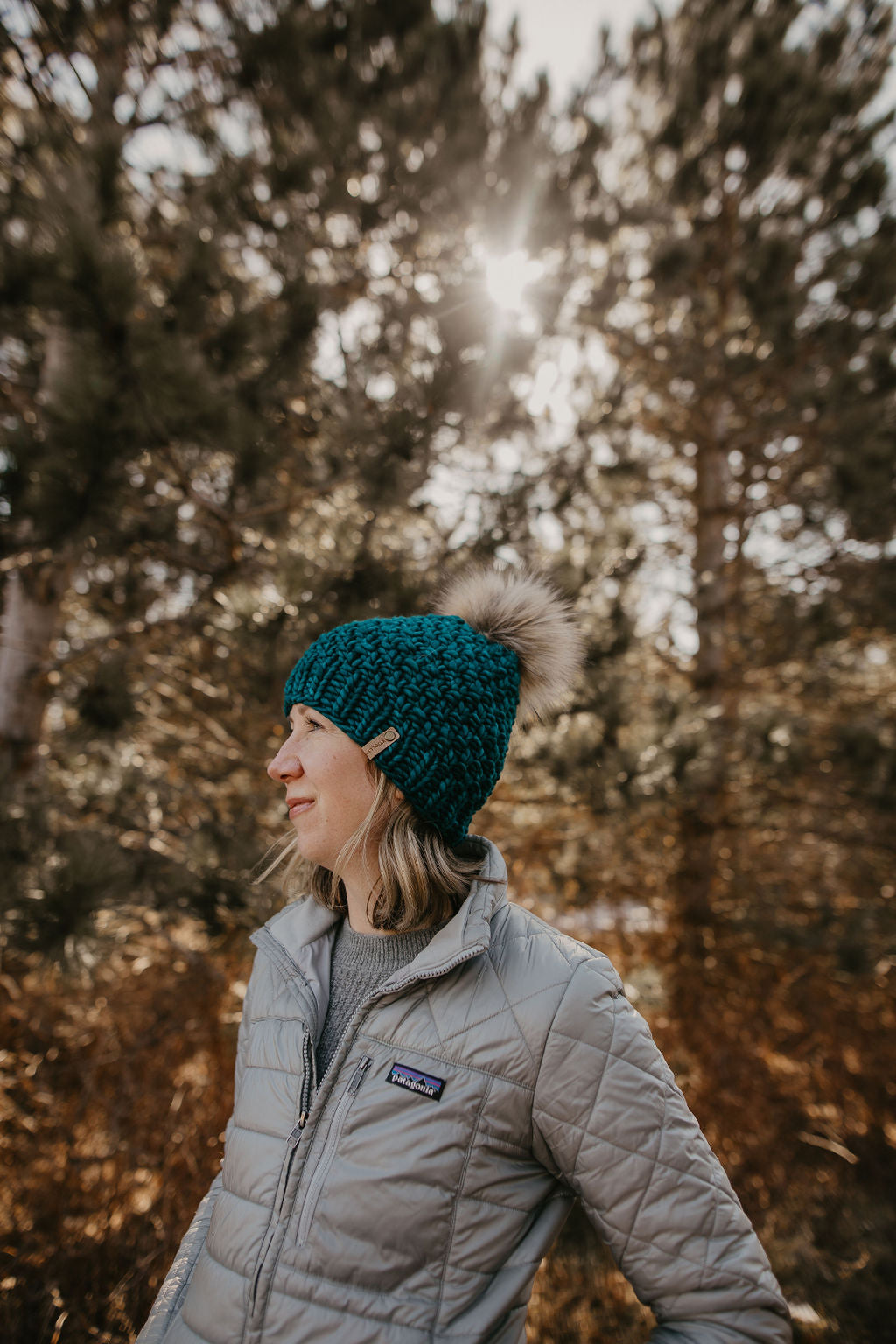 Teal Merino Wool Knit Hat with Faux Fur Pom Pom