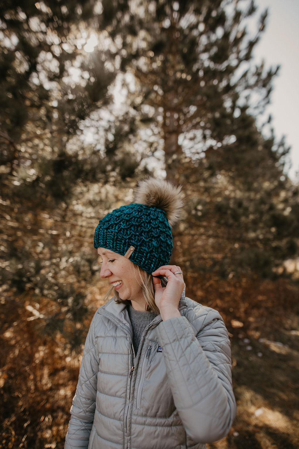 Teal Merino Wool Knit Hat with Faux Fur Pom Pom