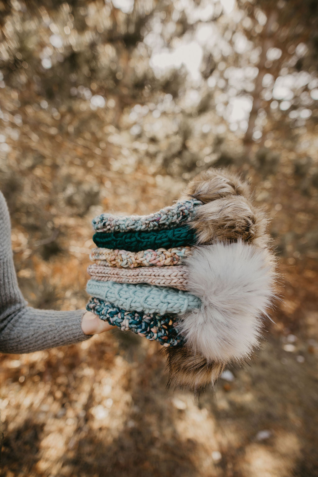 Aqua Blue Peruvian Wool Knit Hat with Faux Fur Pom Pom