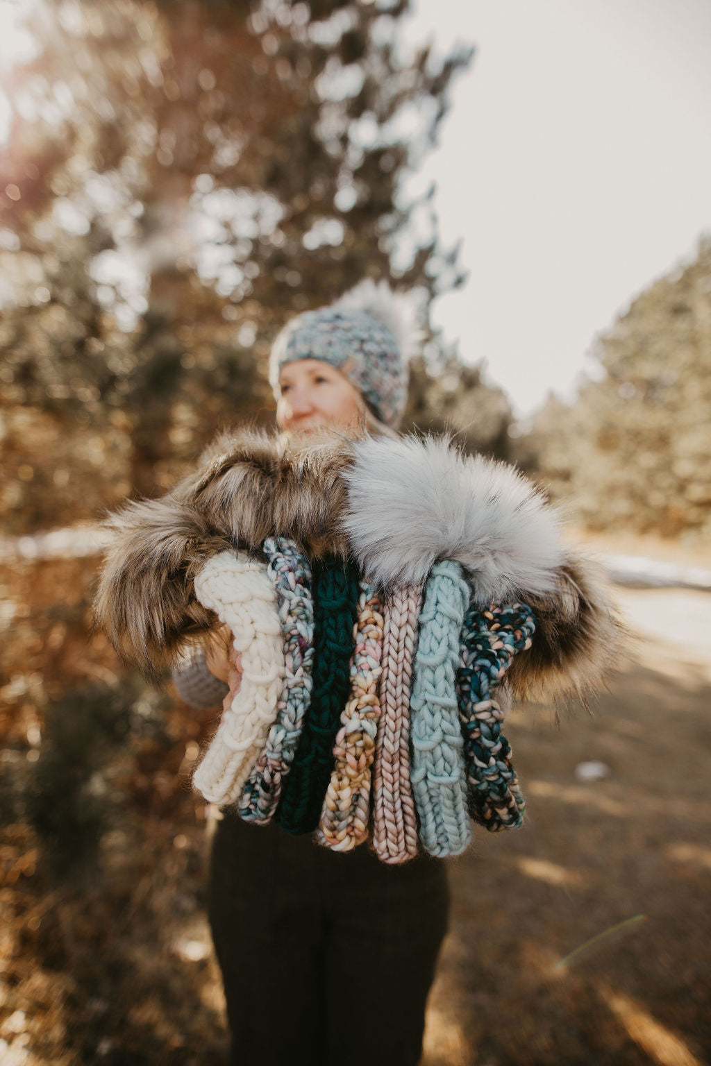 Aqua Blue Peruvian Wool Knit Hat with Faux Fur Pom Pom