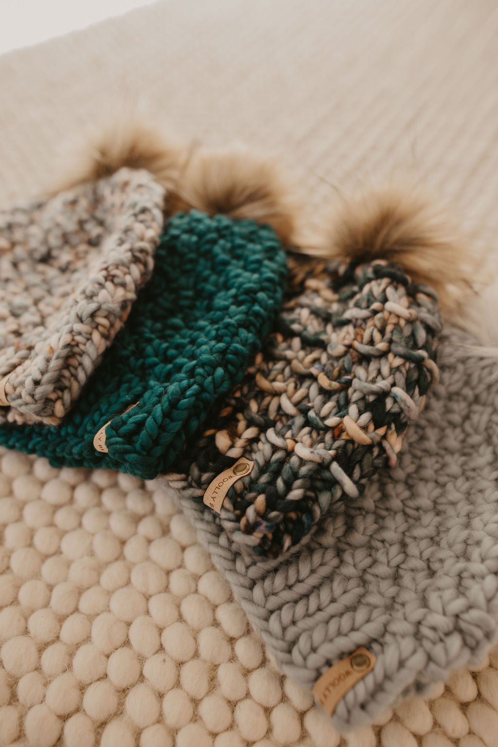 Teal Merino Wool Knit Hat with Faux Fur Pom Pom