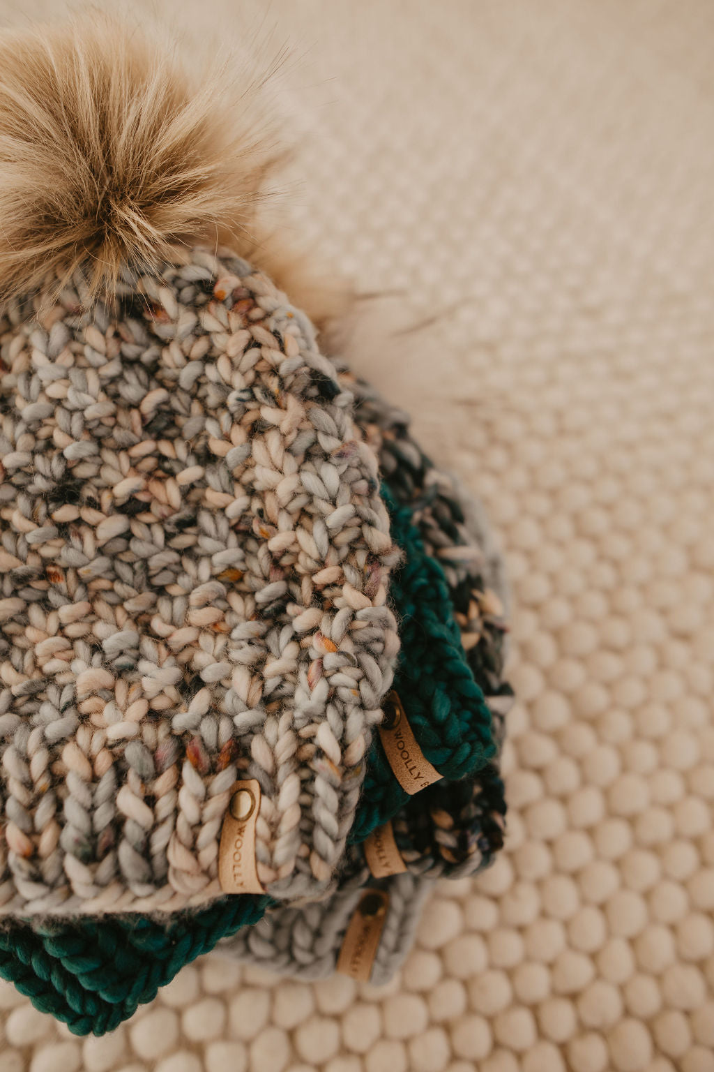 Blue Speckle Merino Wool Knit Hat with Faux Fur Pom Pom - Hand-Dyed Yarn