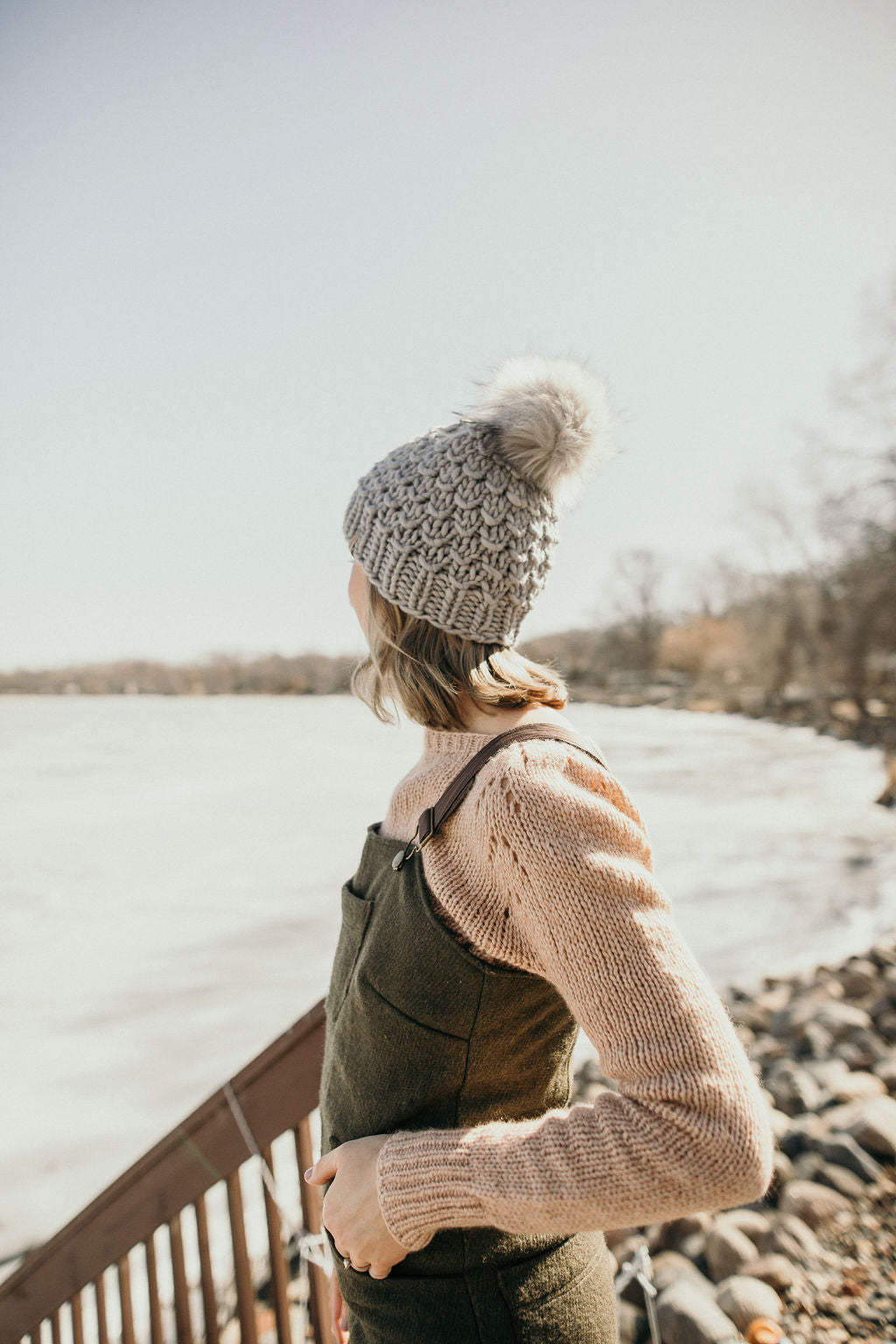 Gray Merino Wool Knit Hat with Faux Fur Pom Pom