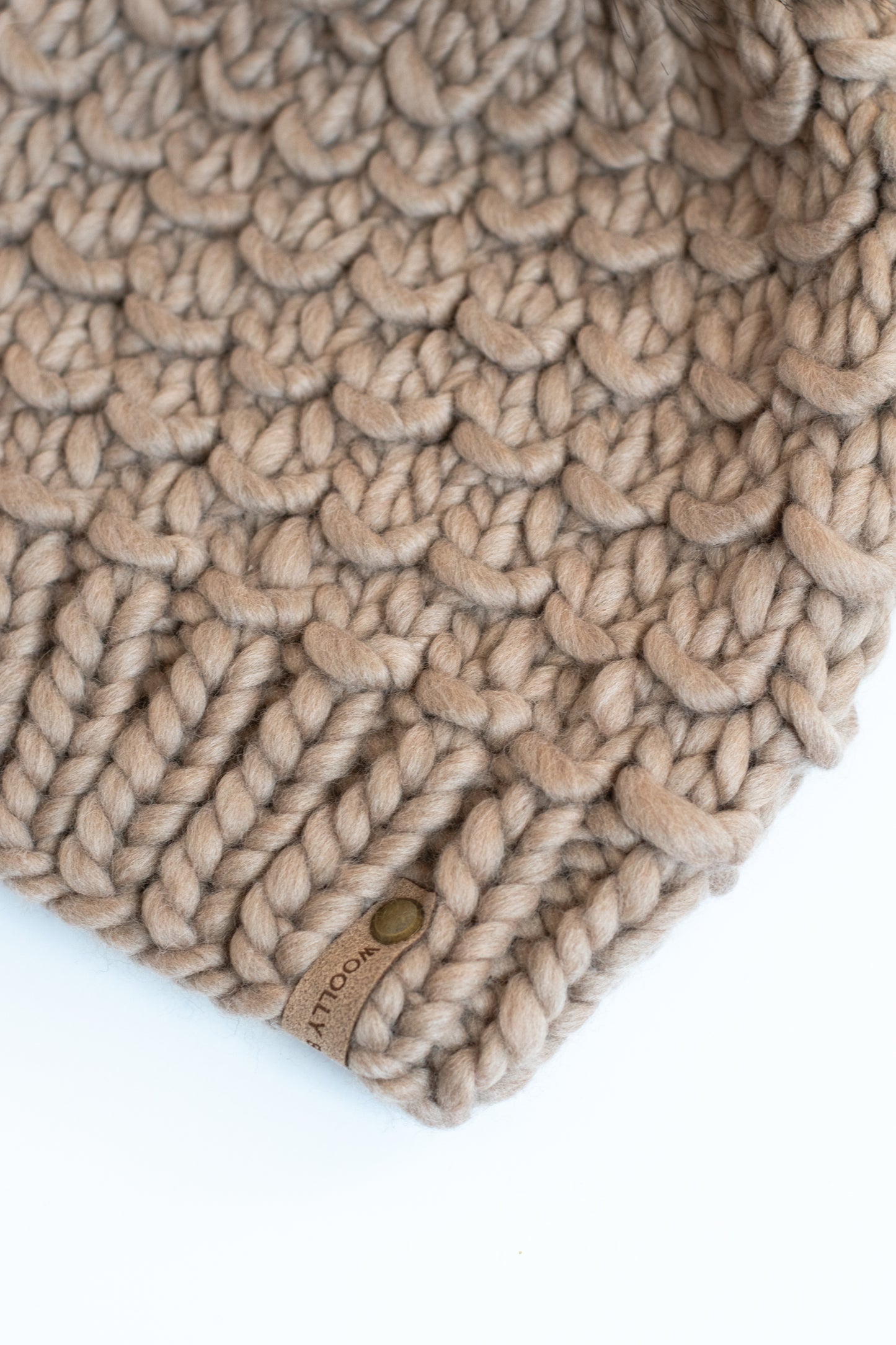 Beige Merino Wool Knit Hat with Faux Fur Pom Pom