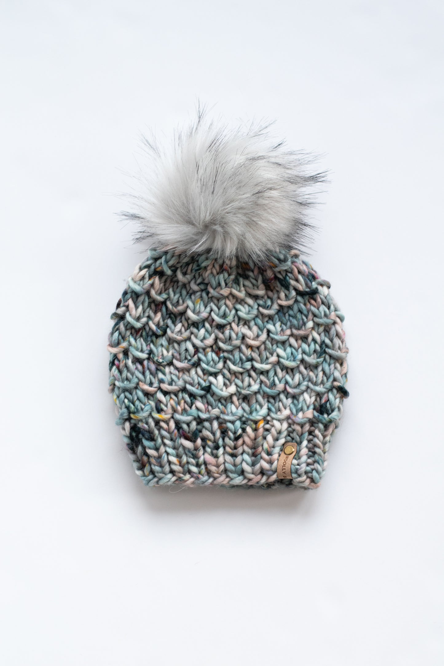 Blue Speckle Merino Wool Knit Hat with Faux Fur Pom Pom - Hand-Dyed Yarn