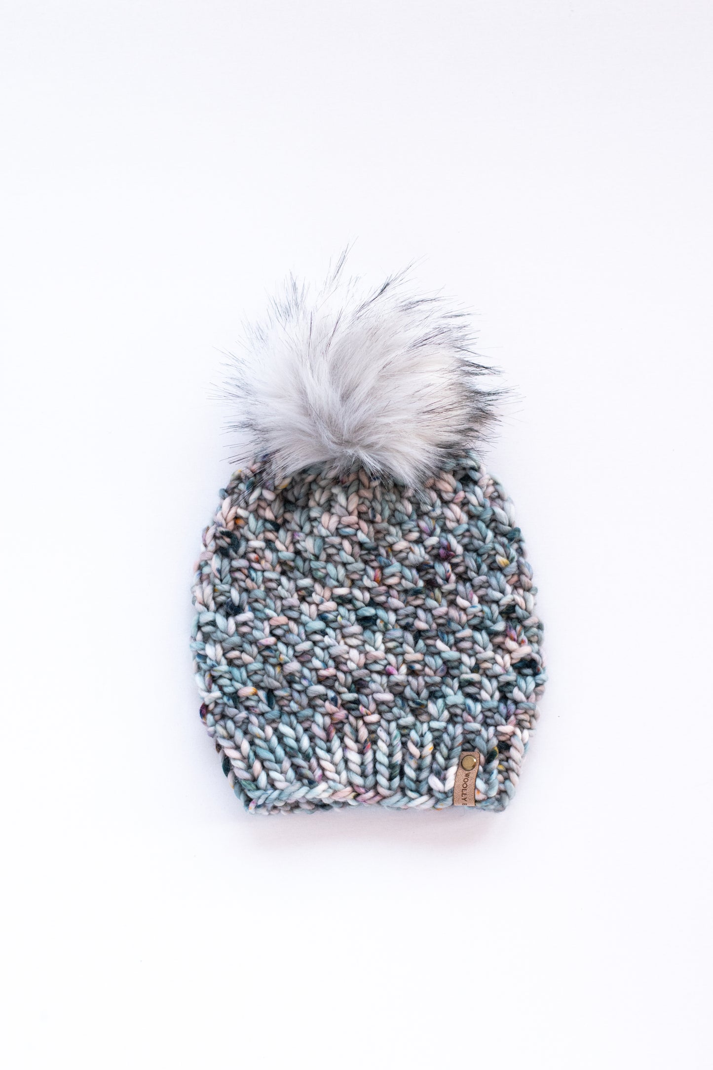 Blue Speckle Merino Wool Knit Hat with Faux Fur Pom Pom - Hand-Dyed Yarn