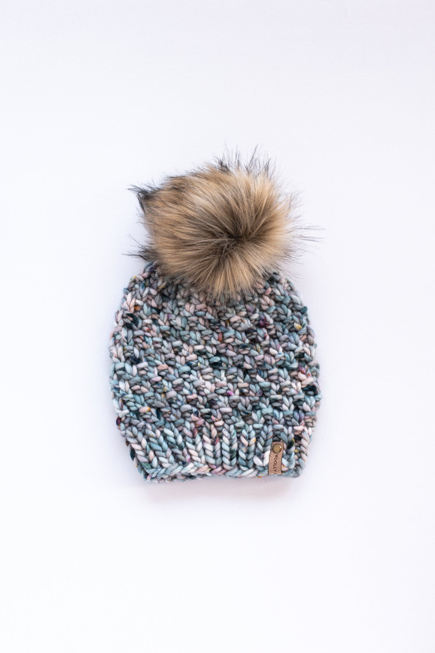 Blue Speckle Merino Wool Knit Hat with Faux Fur Pom Pom - Hand-Dyed Yarn