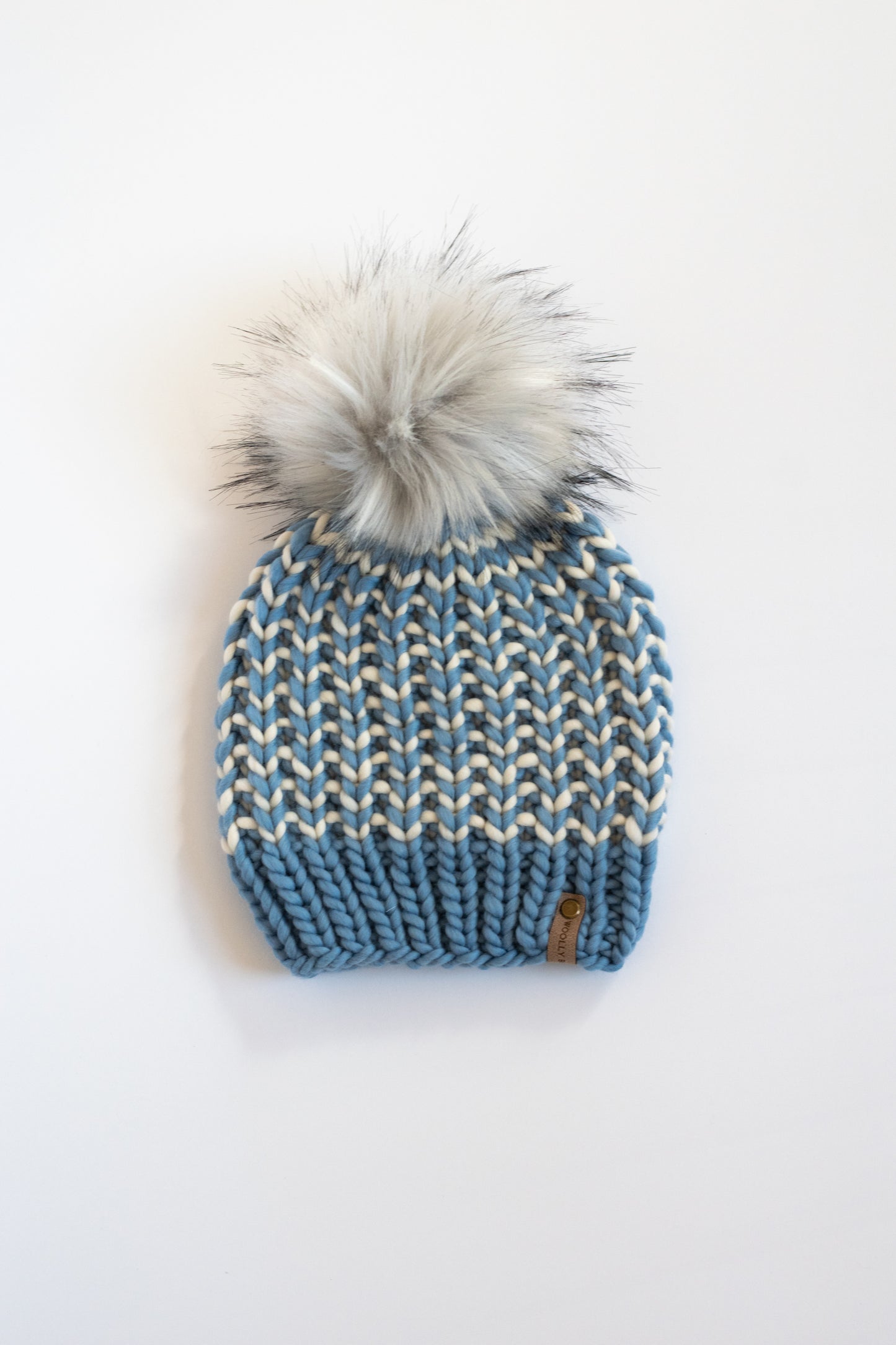 Blue and Ivory Striped Merino Wool Knit Hat with Faux Fur Pom Pom