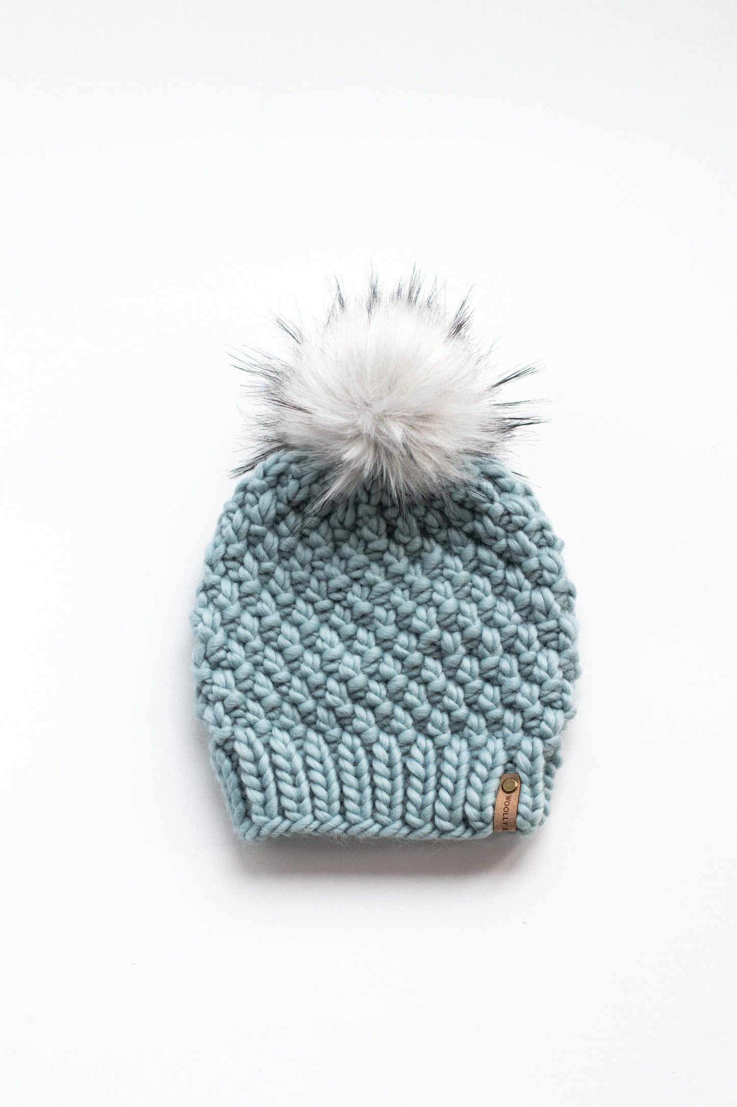 Aqua Blue Peruvian Wool Knit Hat with Faux Fur Pom Pom