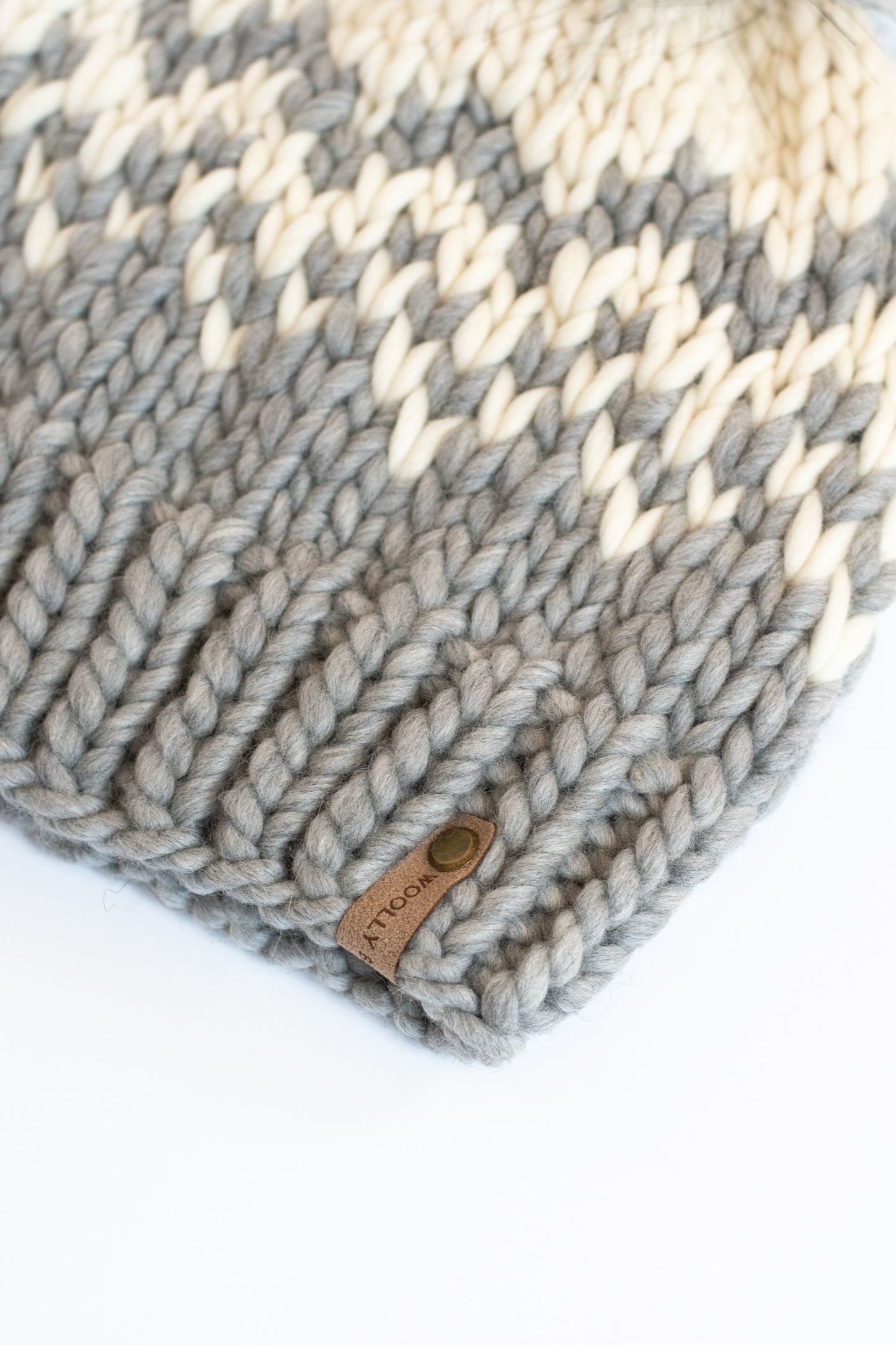 Gray and Ivory Fair Isle Merino Wool Knit Hat with Faux Fur Pom Pom