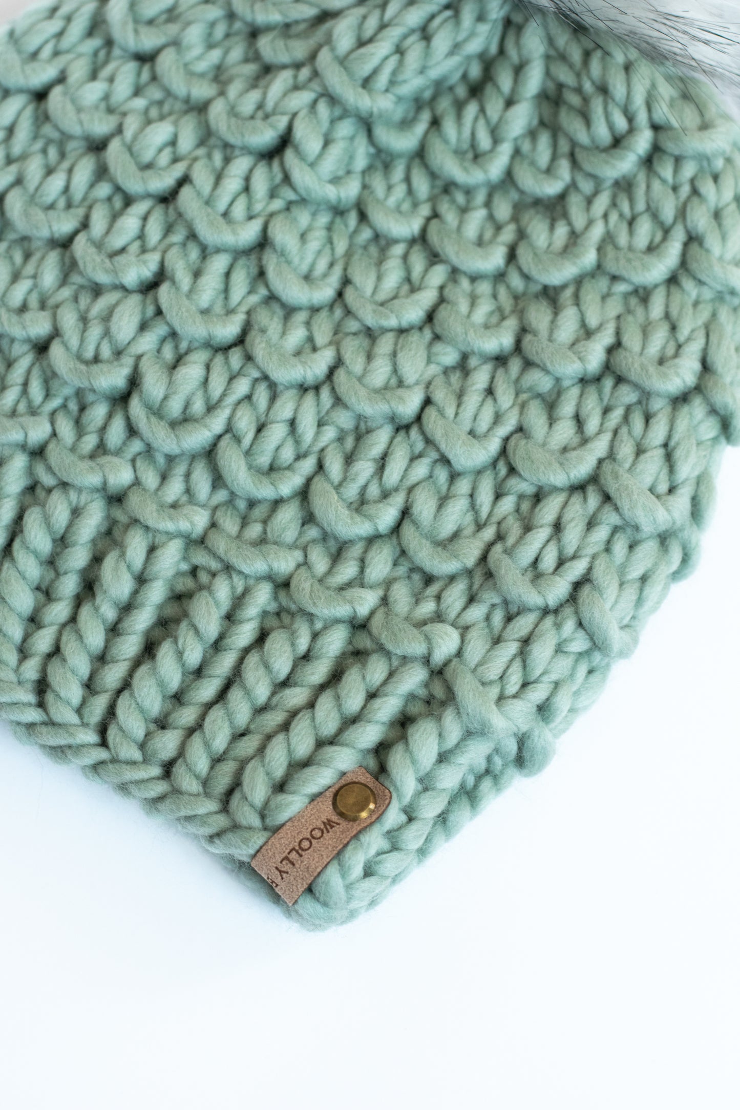 Sage Green Merino Wool Knit Hat with Faux Fur Pom Pom