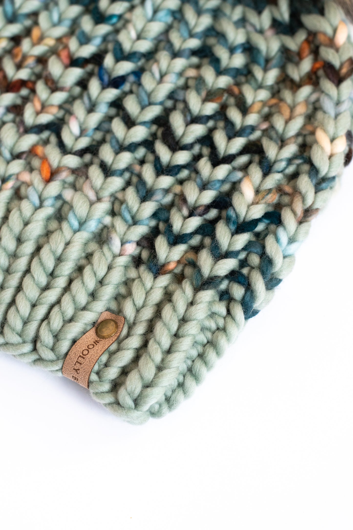 Green Striped Merino Wool Knit Hat with Faux Fur Pom Pom