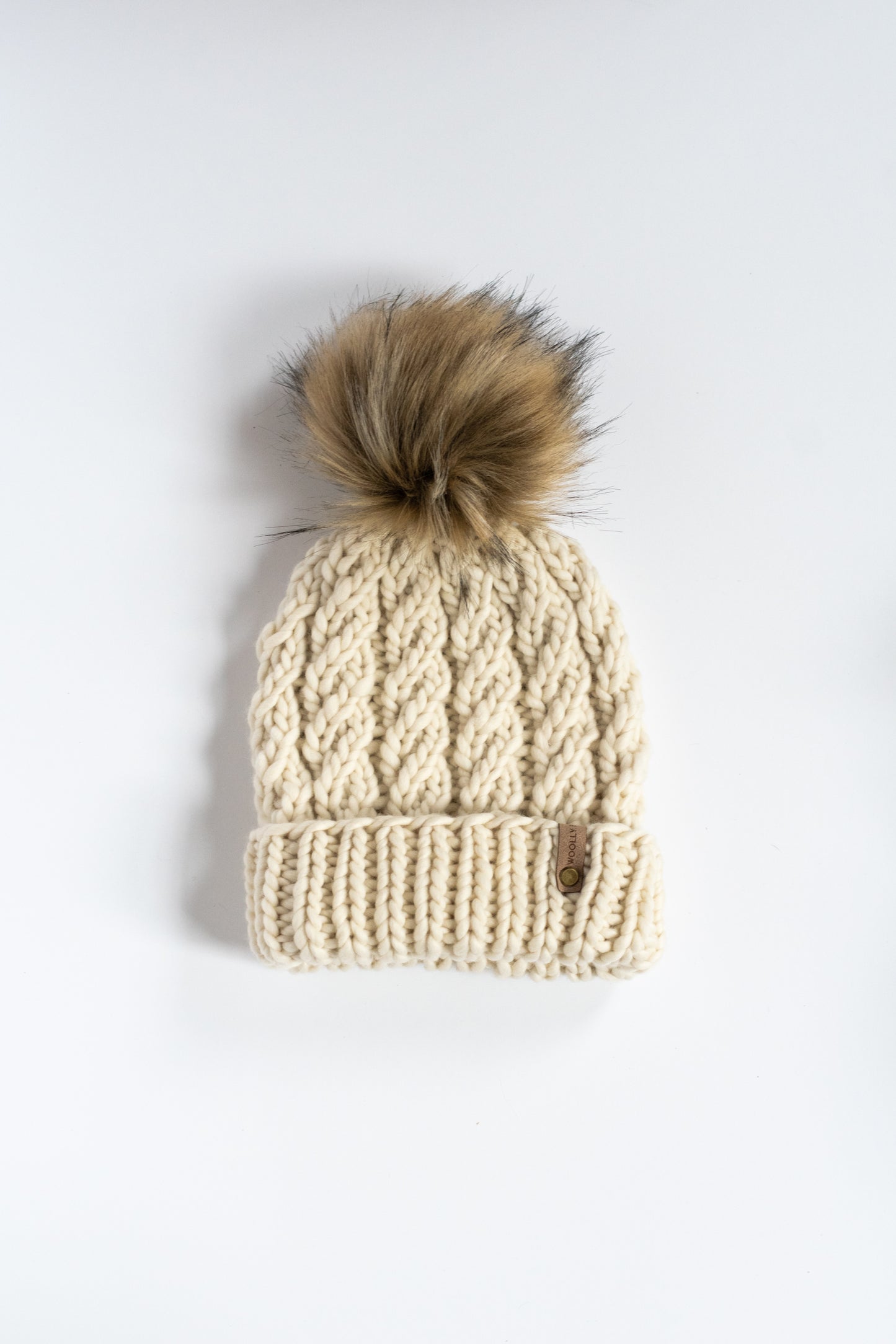 Ivory Merino Wool Knit Hat with Faux Fur Pom Pom