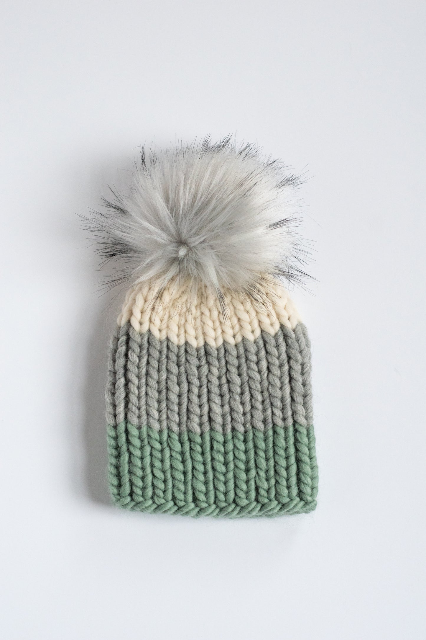 Child and Toddler Size Ribbed Knit Colorblock Peruvian Wool Hat with Faux Fur Pom Pom (More Colors Available)