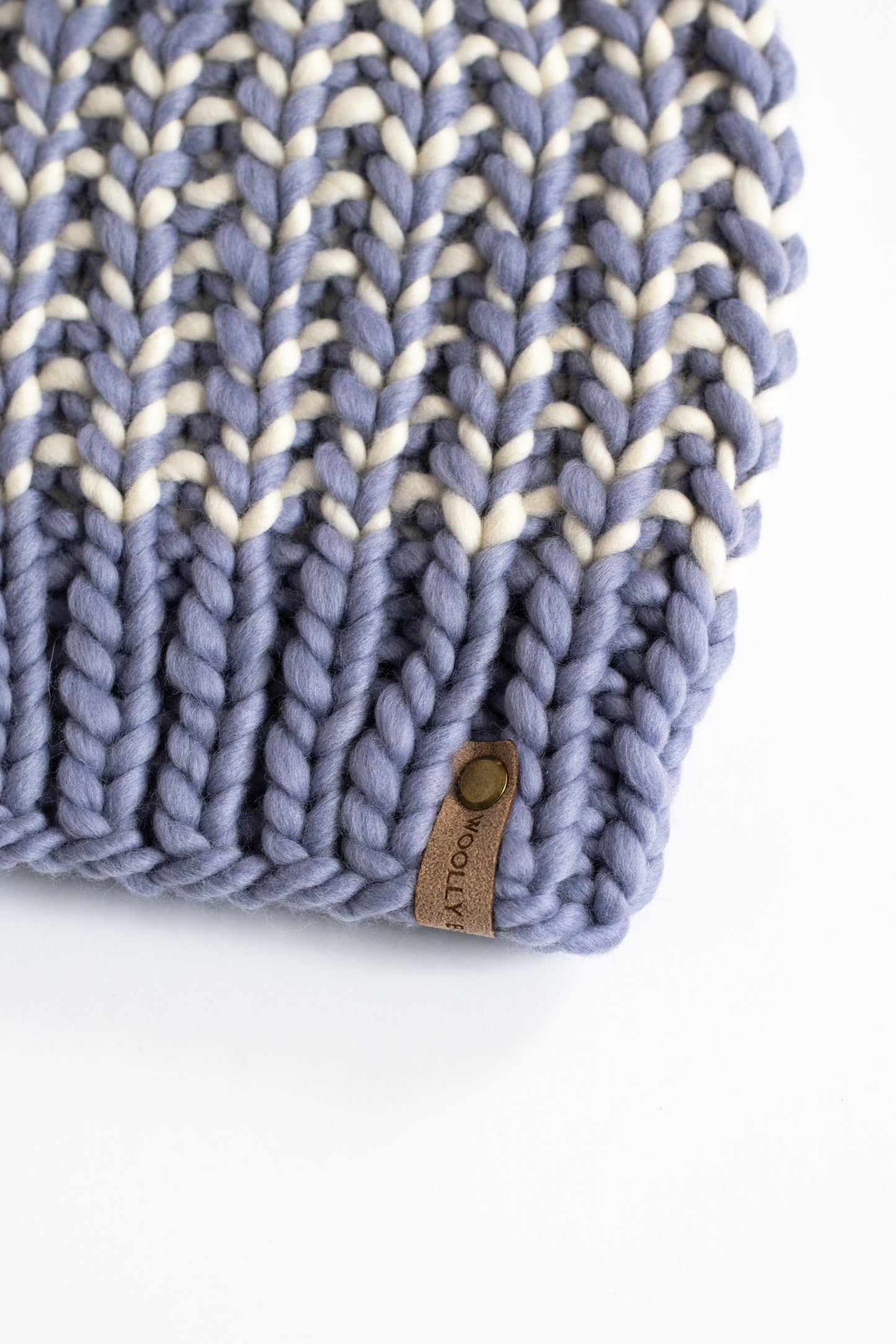 Lavender and Ivory Striped Merino Wool Knit Hat with Faux Fur Pom Pom