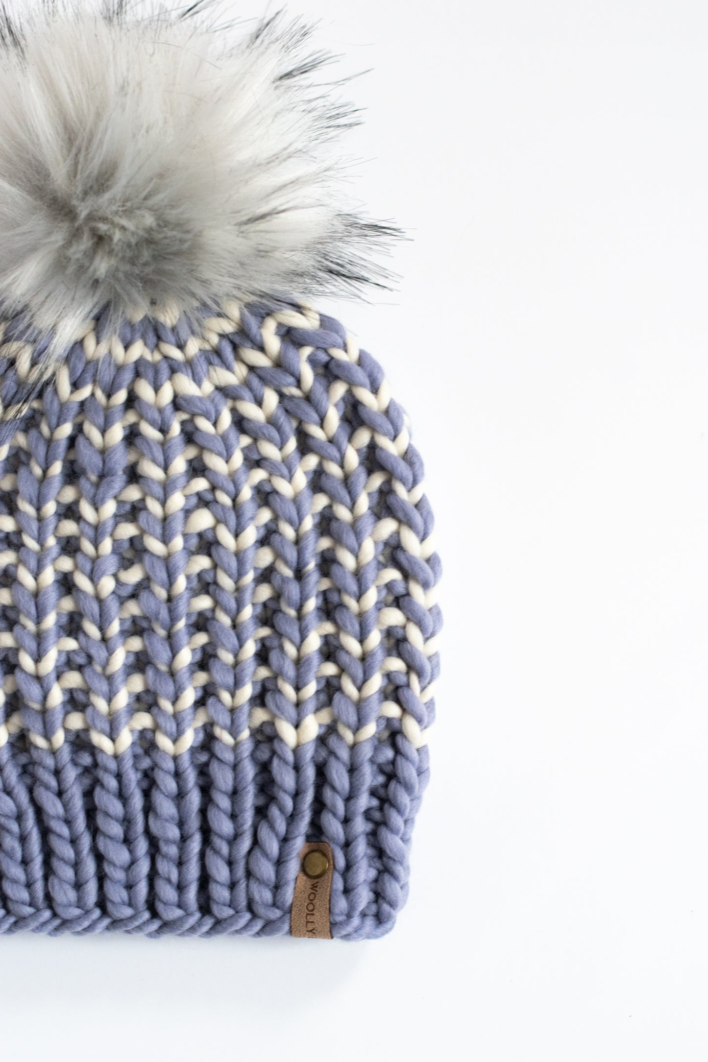 Lavender and Ivory Striped Merino Wool Knit Hat with Faux Fur Pom Pom