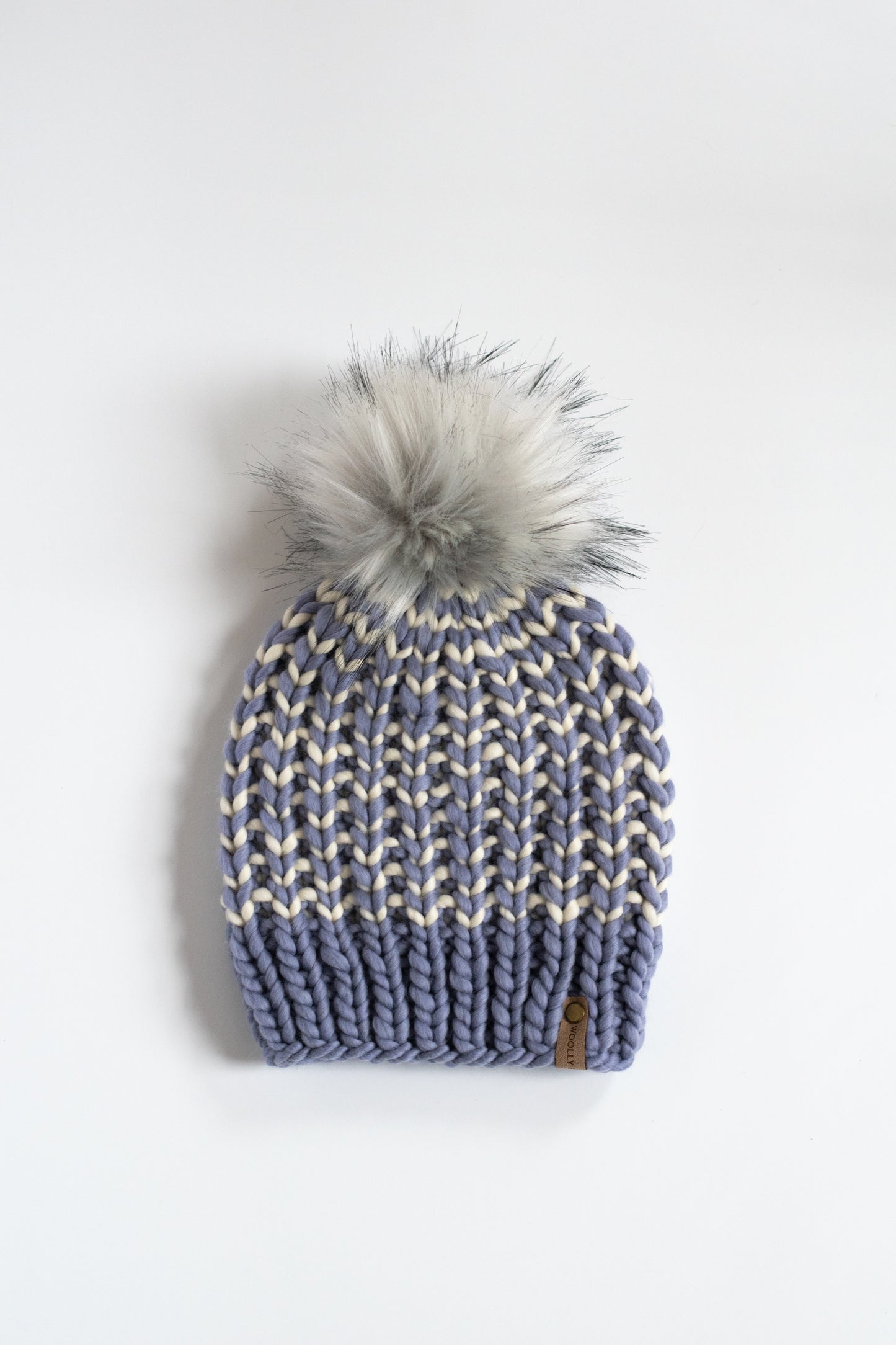 Lavender and Ivory Striped Merino Wool Knit Hat with Faux Fur Pom Pom