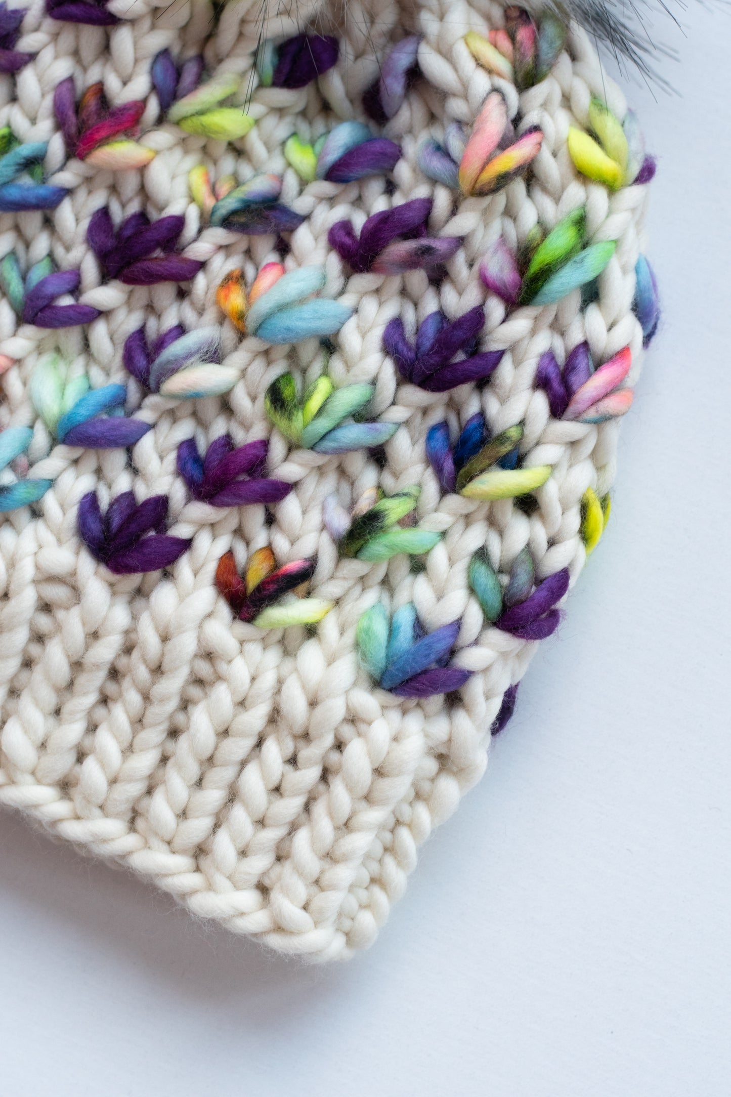 Ivory and Purple Flower Merino Wool Knit Hat with Faux Fur Pom Pom