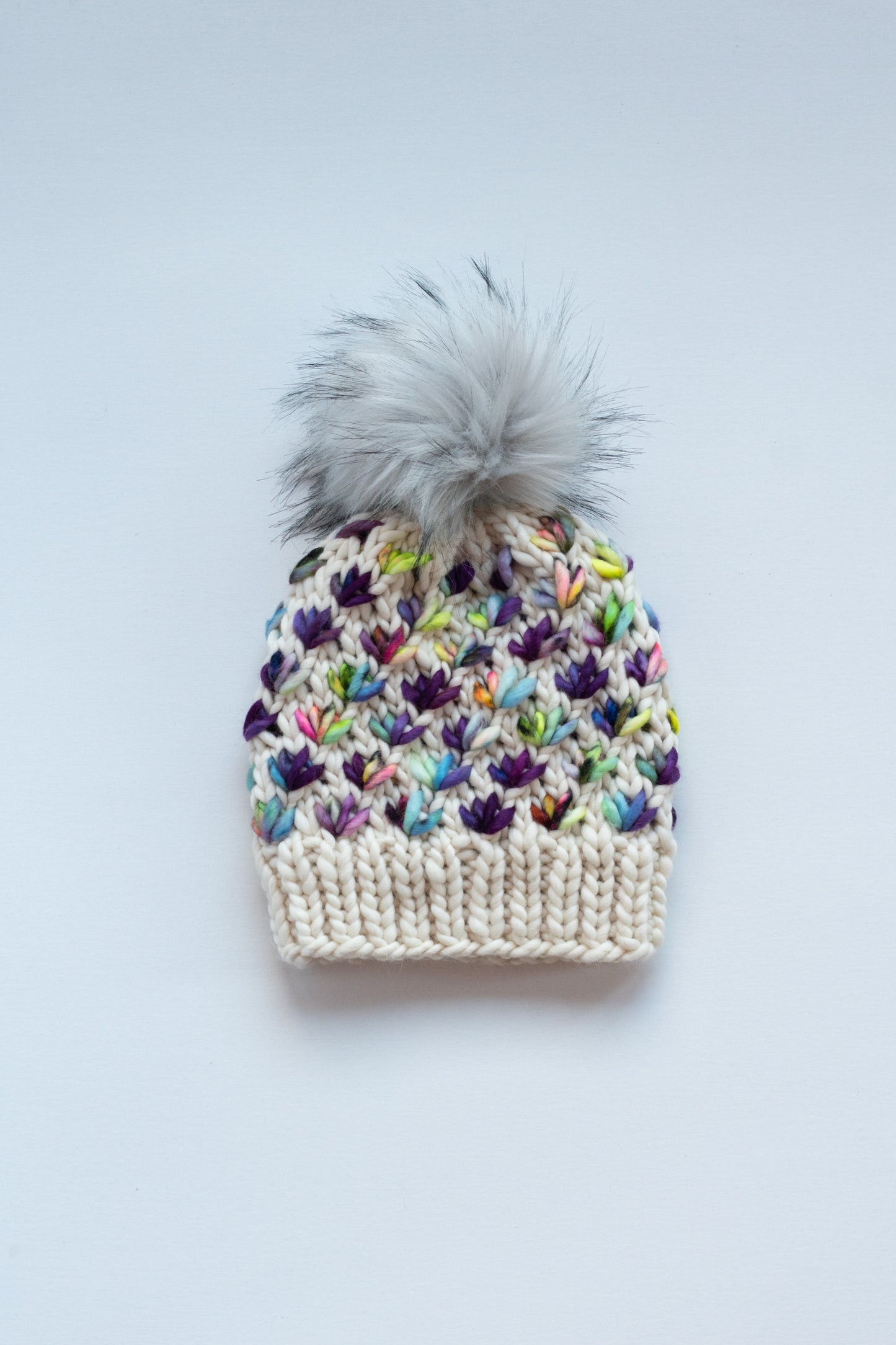 Ivory and Purple Flower Merino Wool Knit Hat with Faux Fur Pom Pom