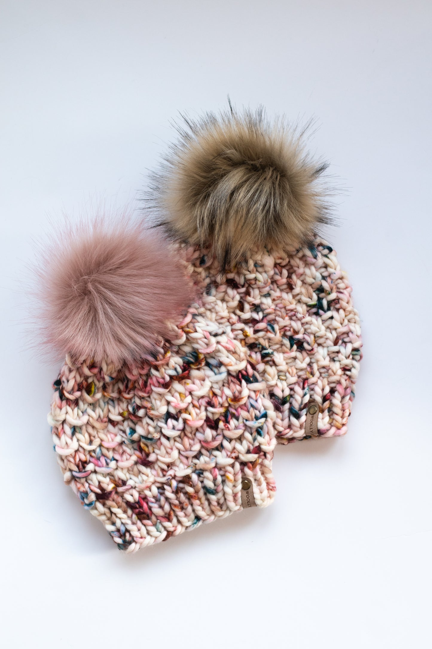 Cream and Pink Merino Wool Knit Hat with Faux Fur Pom Pom - Hand-Dyed Yarn