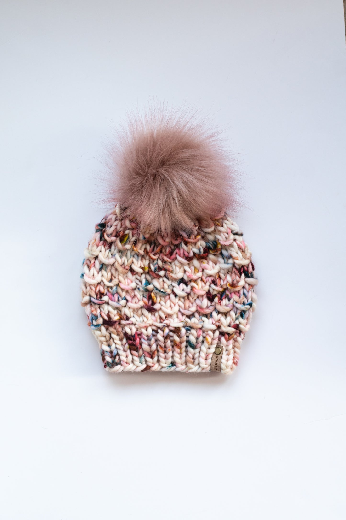 Cream and Pink Merino Wool Knit Hat with Faux Fur Pom Pom - Hand-Dyed Yarn