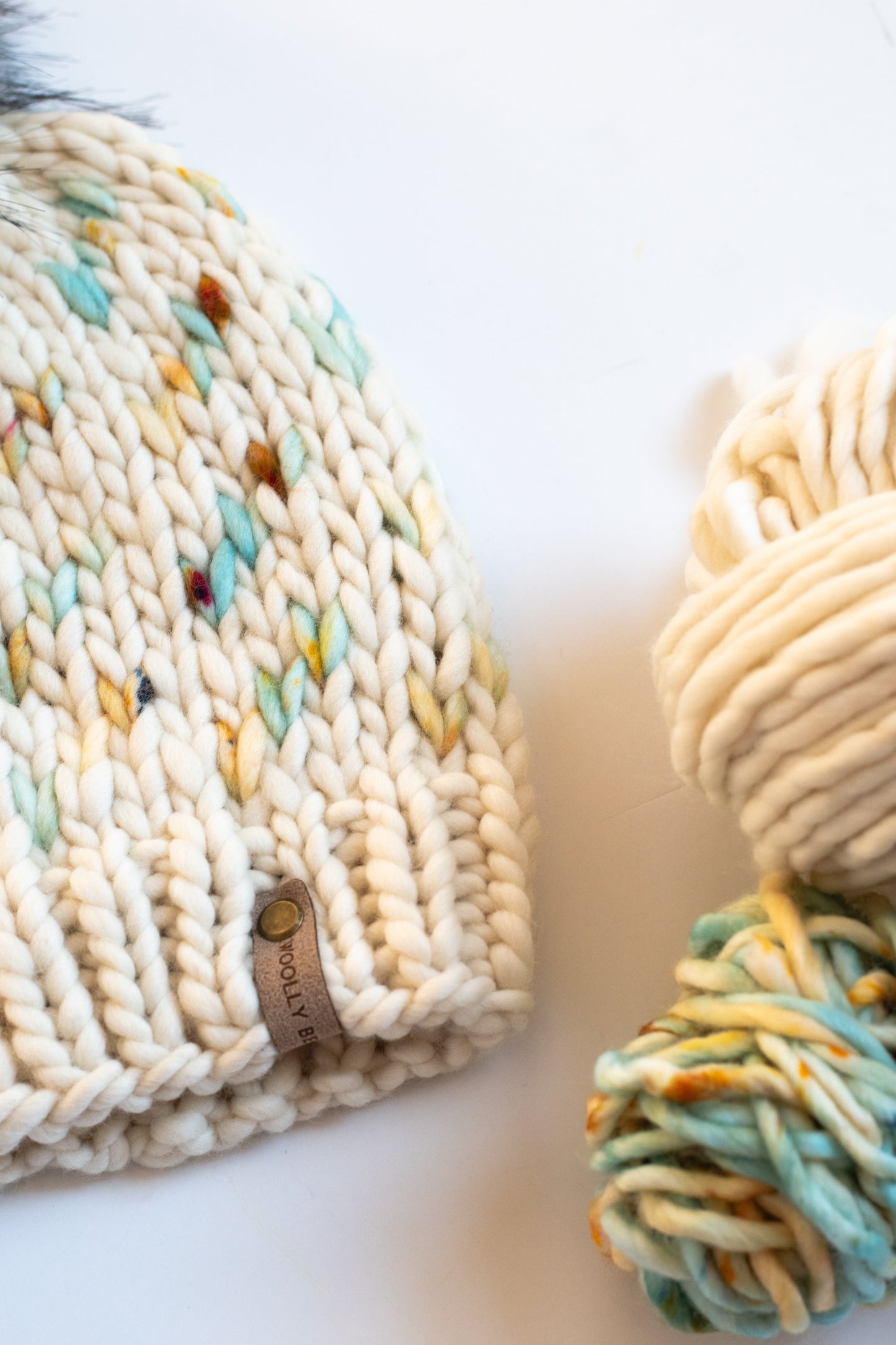 Ivory and Mint Fair Isle Merino Wool Hand Knit Hat with Faux Fur Pom Pom