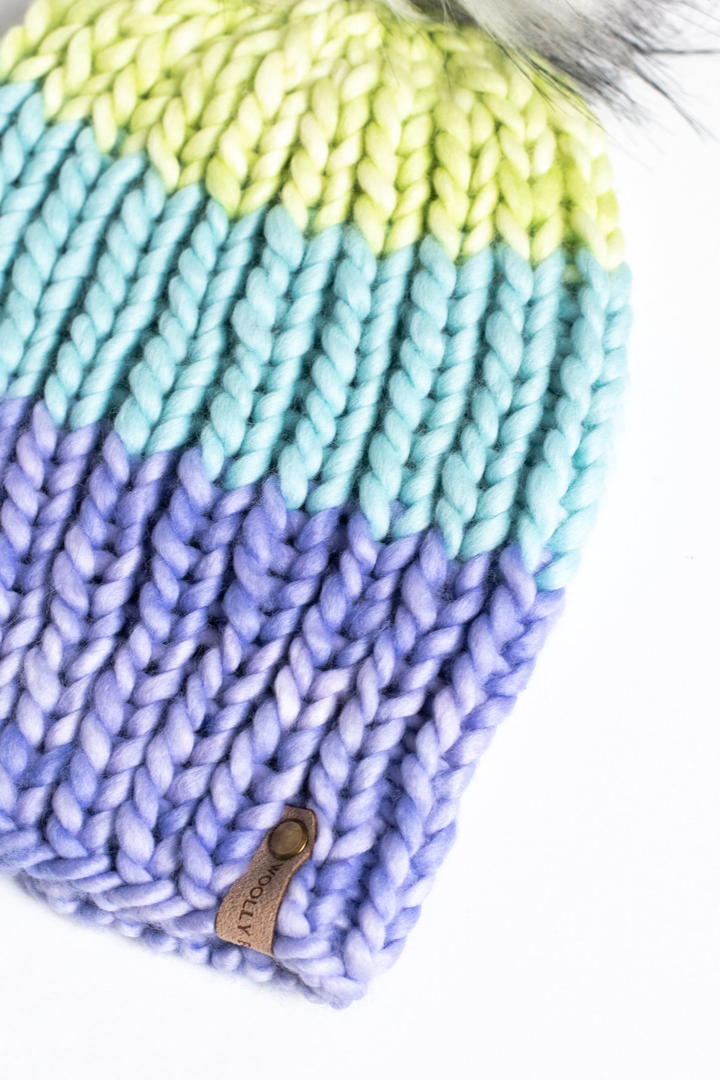 Lavender, Aqua, and Green Ribbed Merino Colorblock Wool Knit Hat with Faux Fur Pom Pom
