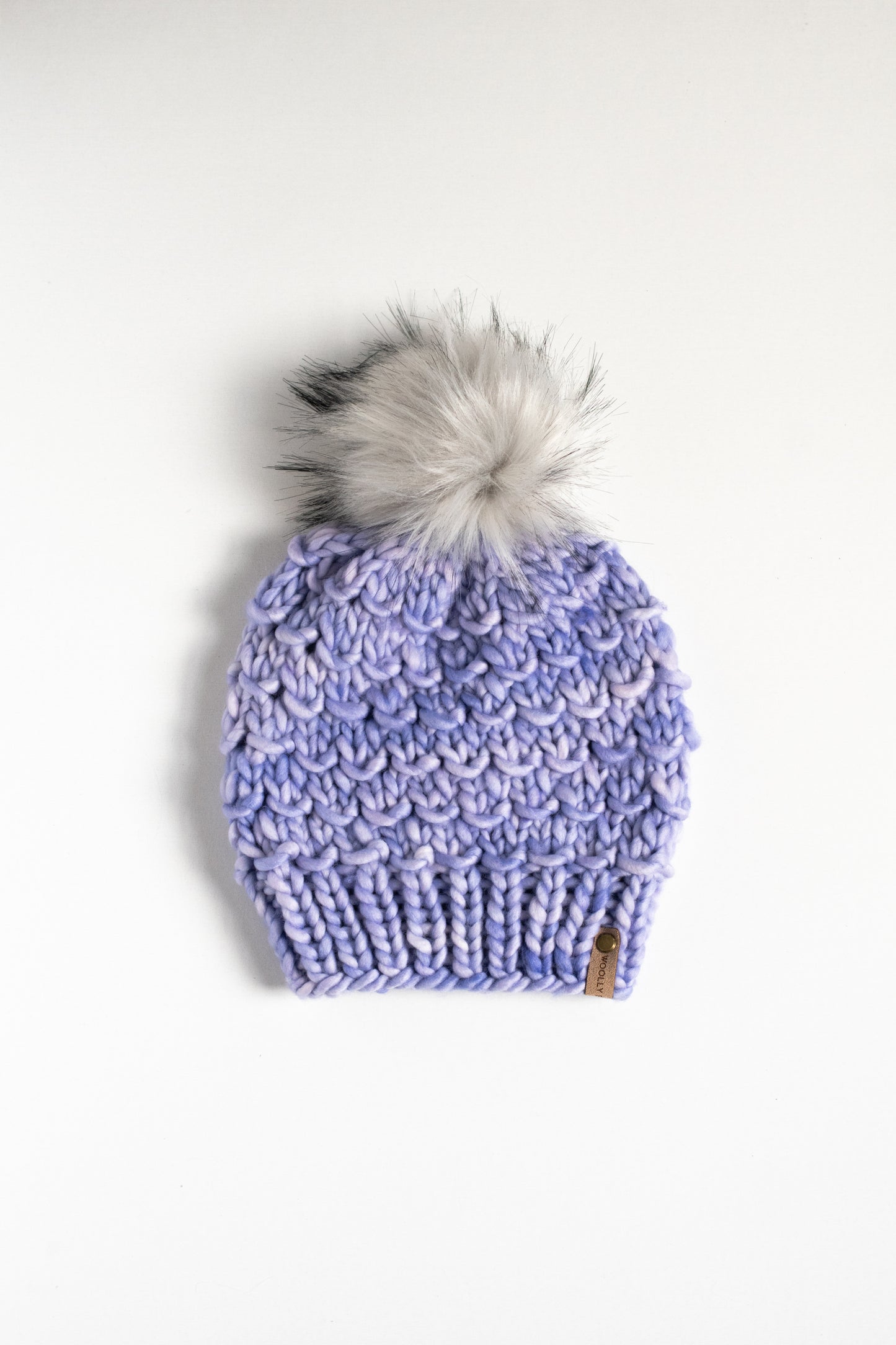 Bright Lavender Merino Wool Knit Hat with Faux Fur Pom Pom - Hand Dyed Yarn