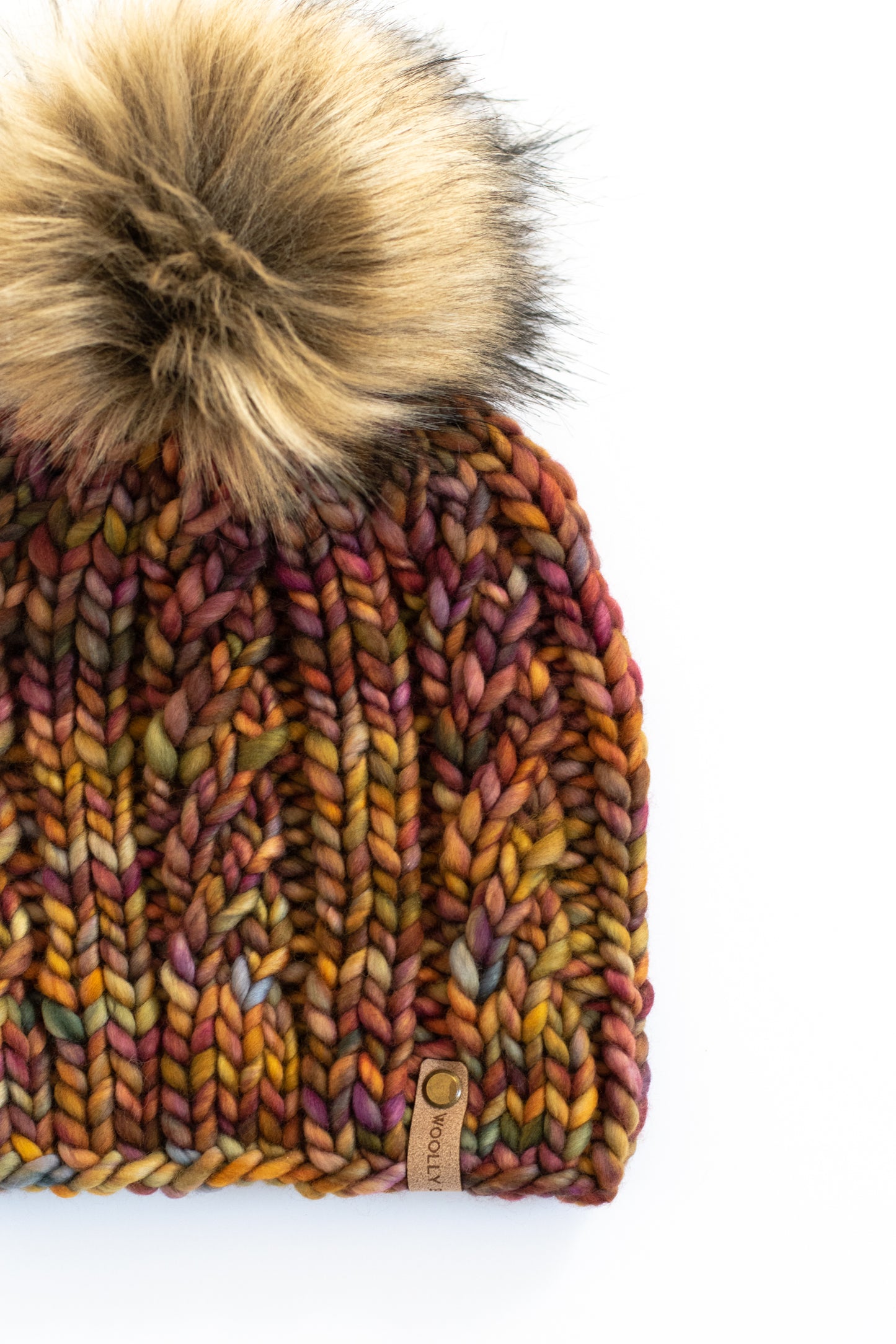 Brown Multi-Color Merino Wool Knit Hat with Faux Fur Pom Pom