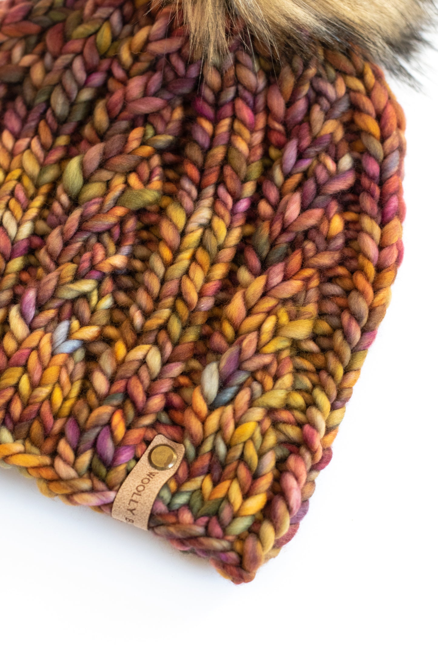 Brown Multi-Color Merino Wool Knit Hat with Faux Fur Pom Pom