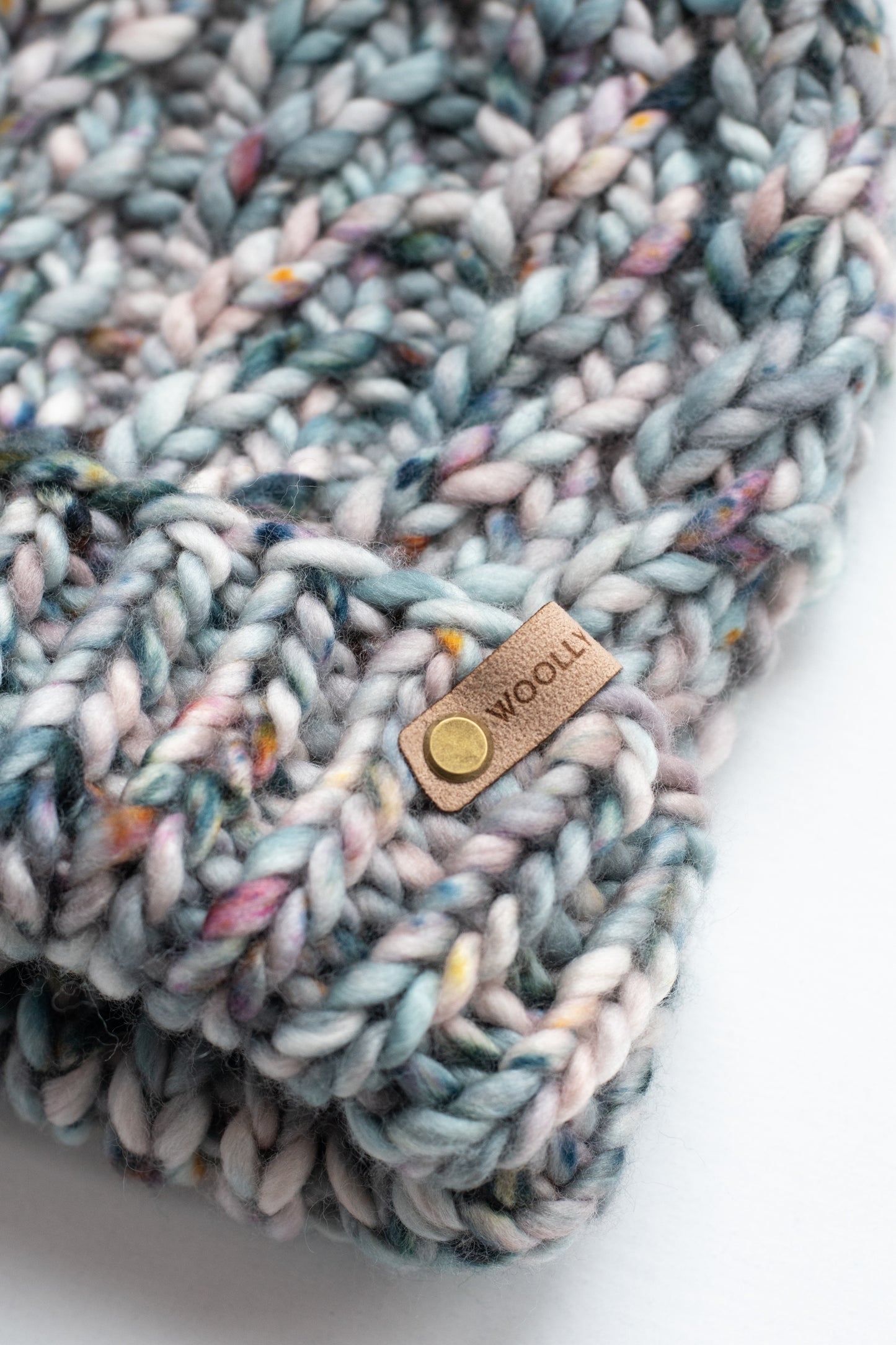Blue Speckled Merino Wool Knit Hat with Faux Fur Pom Pom - Hand Dyed Yarn