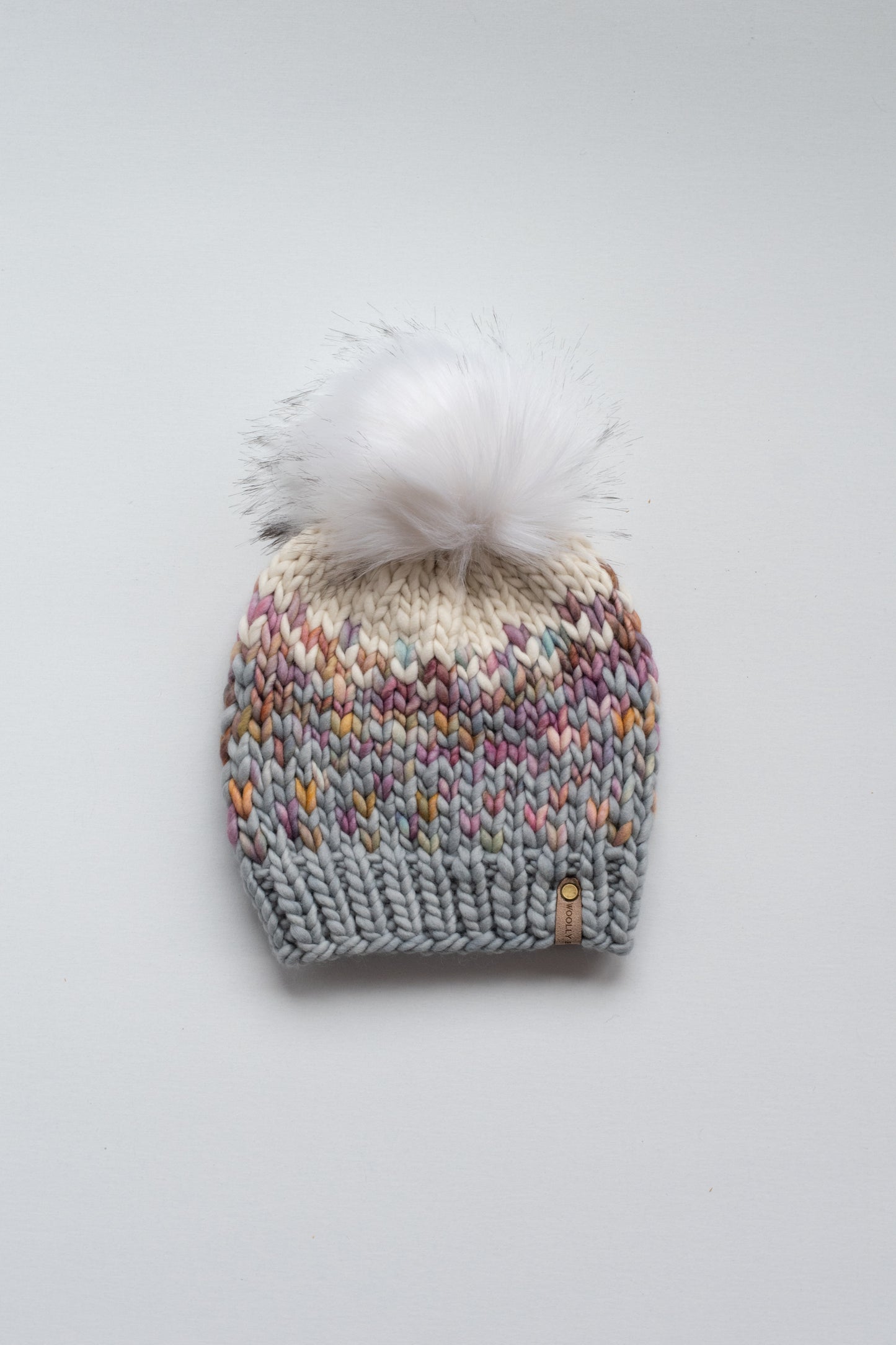 Gray and Pink Fair Isle Merino Wool Knit Hat with Faux Fur Pom Pom