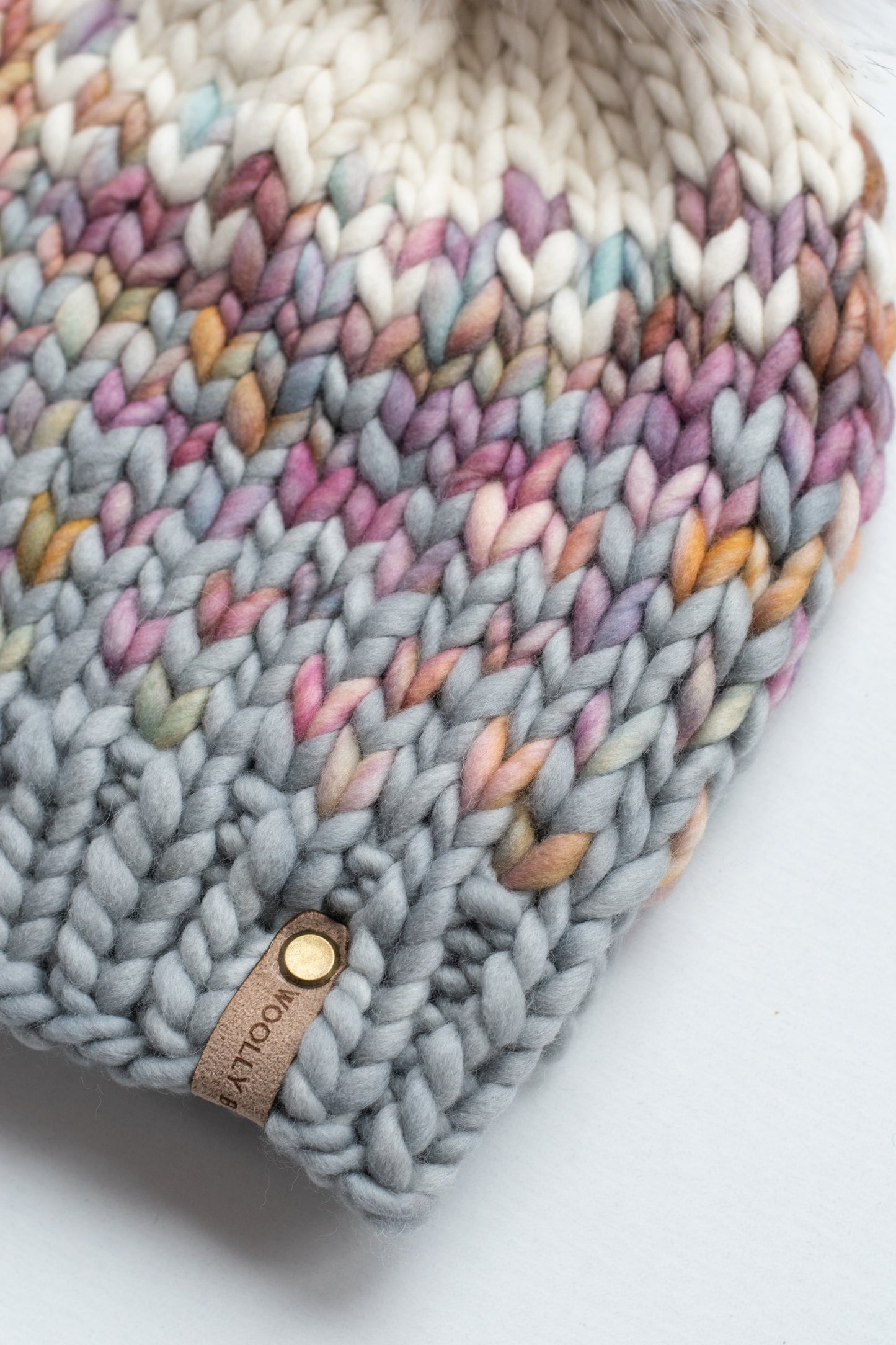 Gray and Pink Fair Isle Merino Wool Knit Hat with Faux Fur Pom Pom